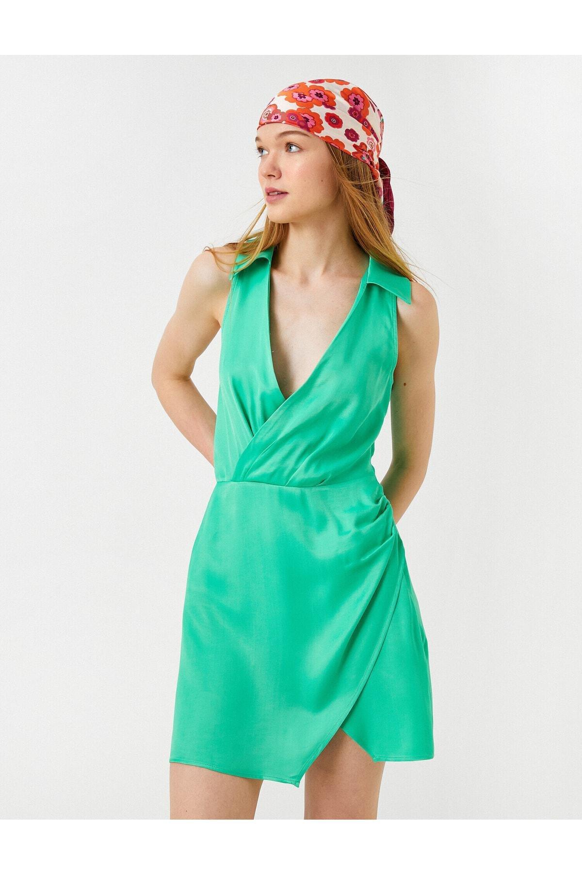 Koton - Green V-Neck Sleeveless Mini Dress