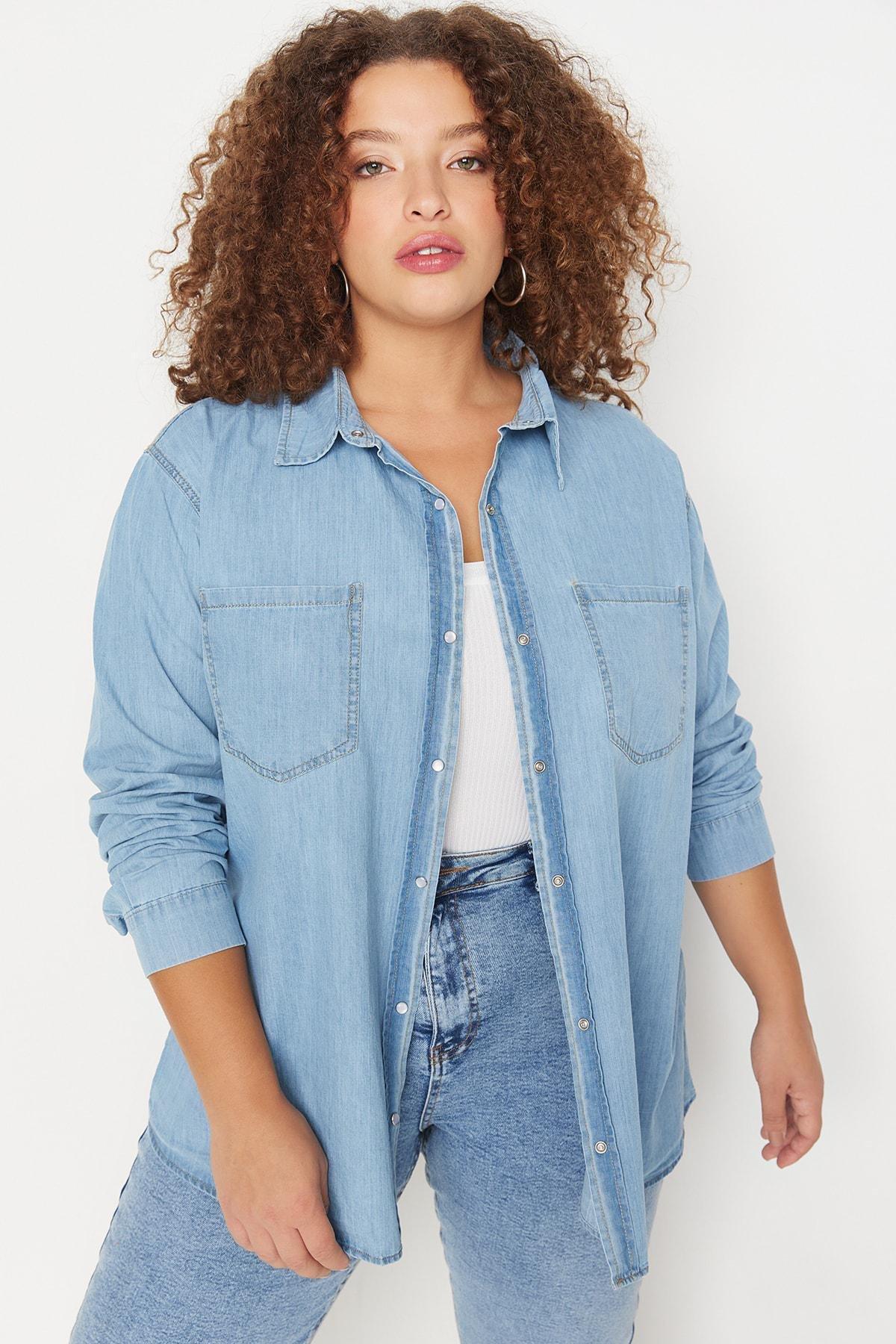 Blue Fitted Polo Neck Plus Size Shirt, , large image number 0