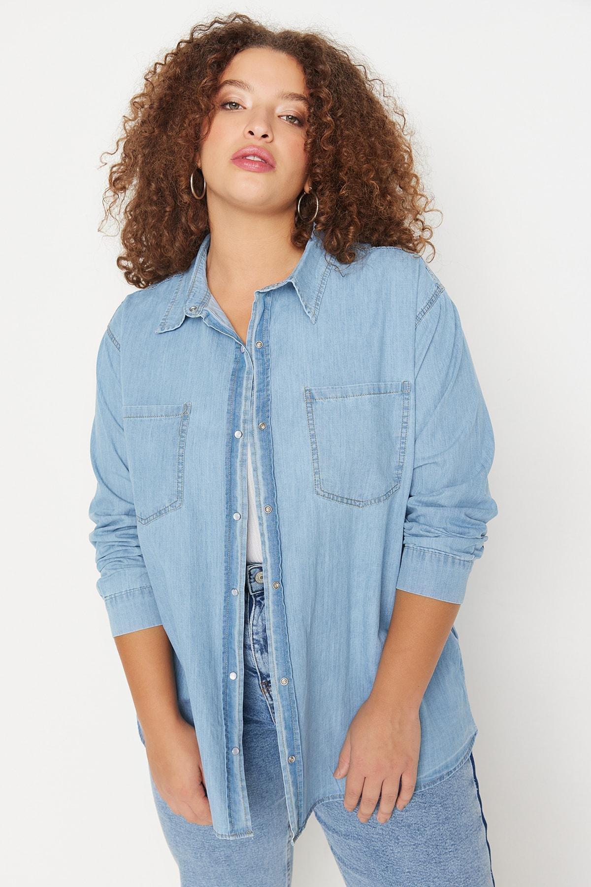 Blue Fitted Polo Neck Plus Size Shirt, , large image number 1