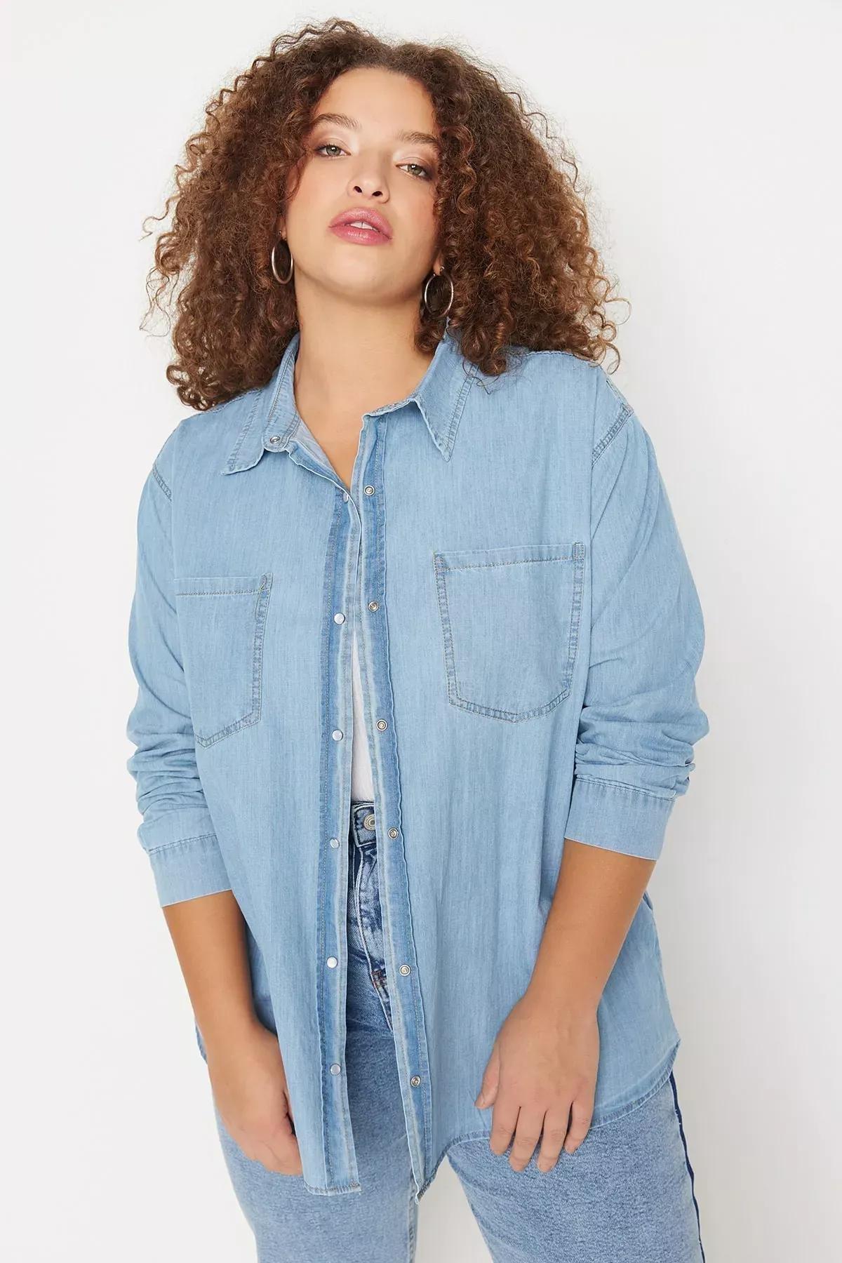 Blue Fitted Polo Neck Plus Size Shirt, , large image number 1