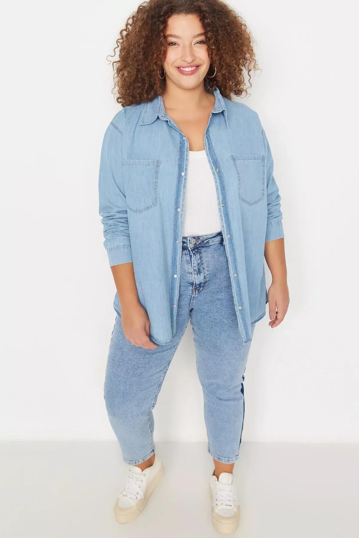 Blue Fitted Polo Neck Plus Size Shirt, , large image number 3