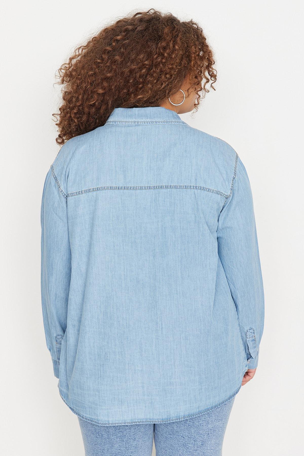 Blue Fitted Polo Neck Plus Size Shirt, , large image number 4