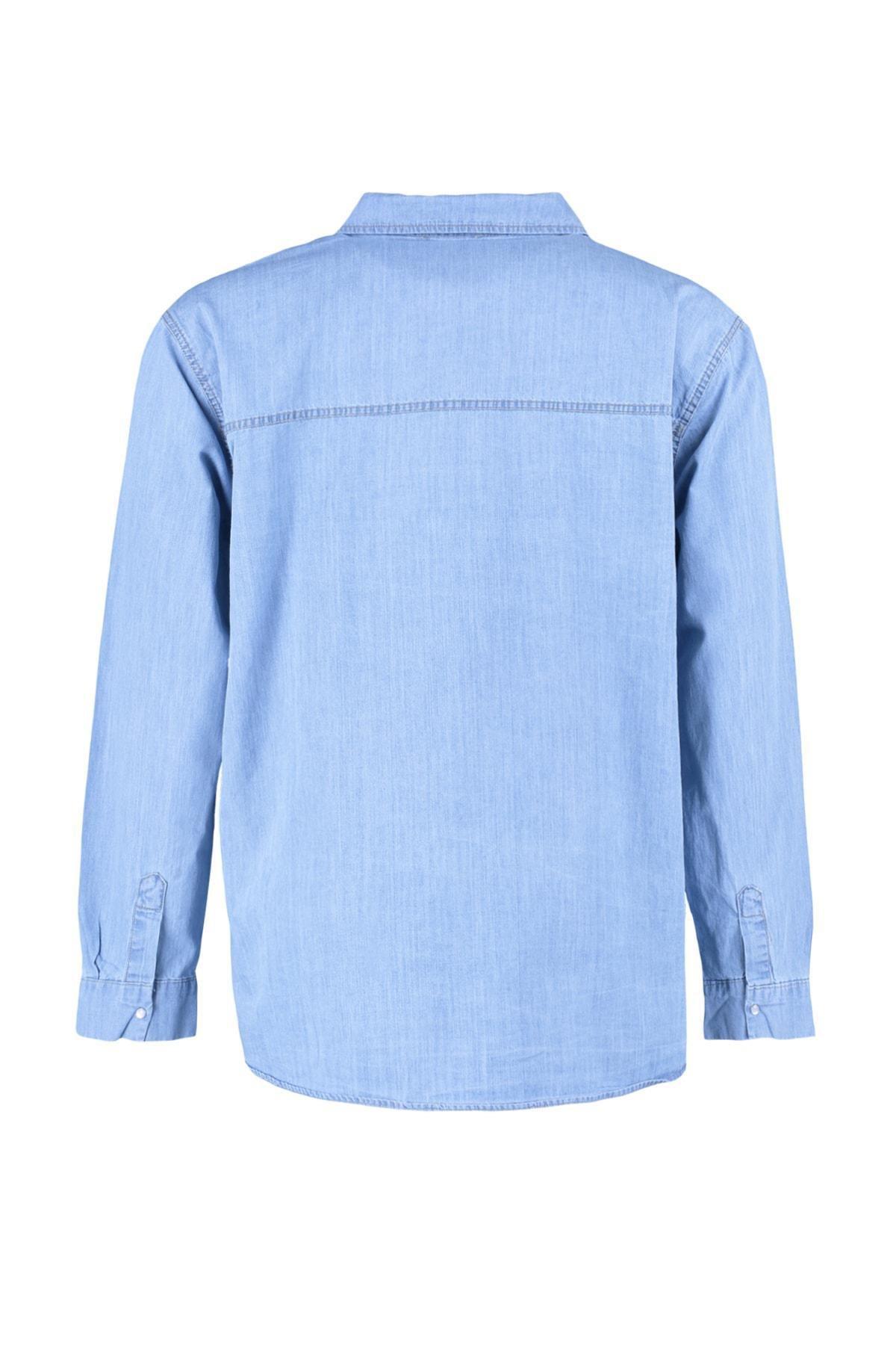 Blue Fitted Polo Neck Plus Size Shirt, , large image number 5