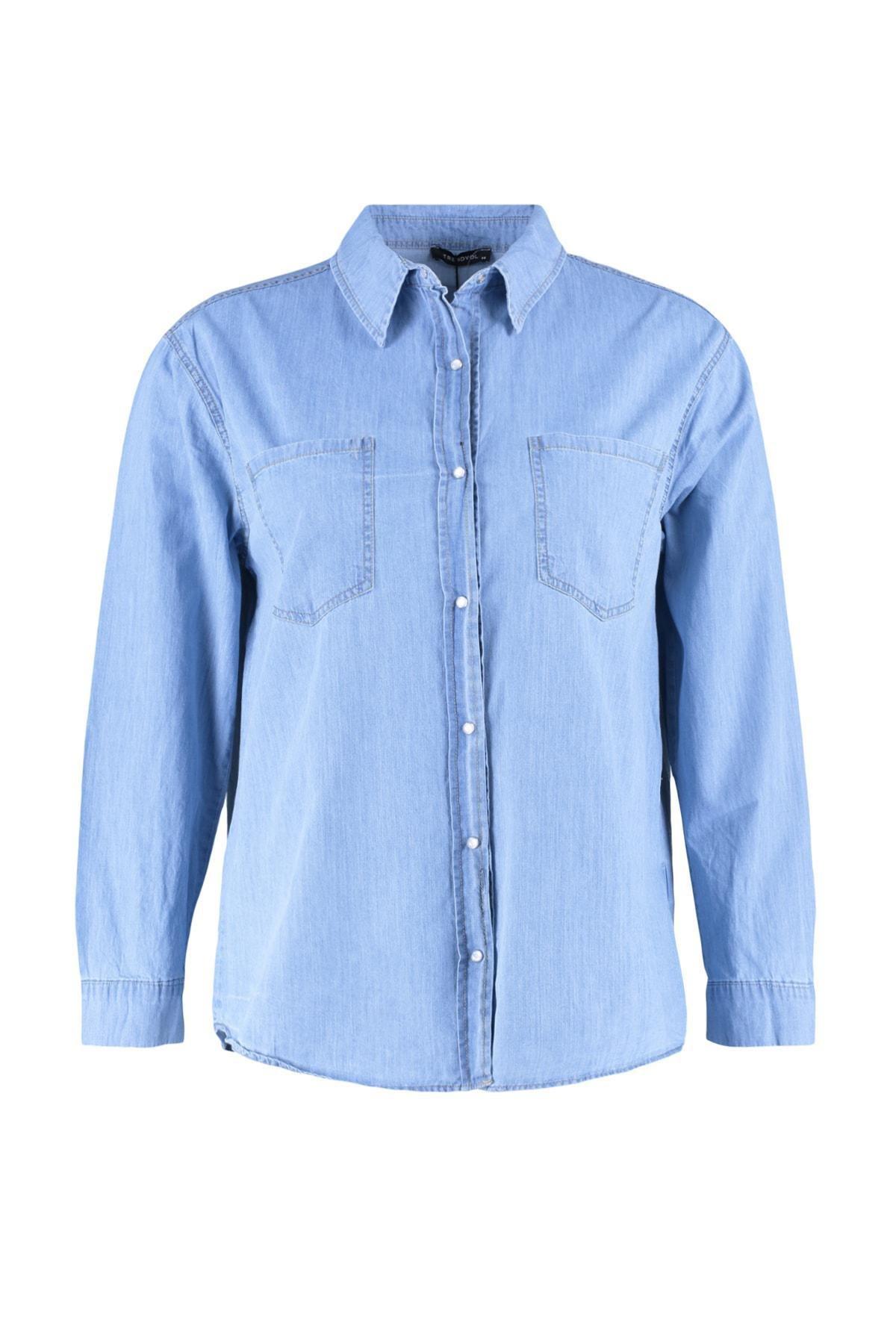 Blue Fitted Polo Neck Plus Size Shirt, , large image number 6