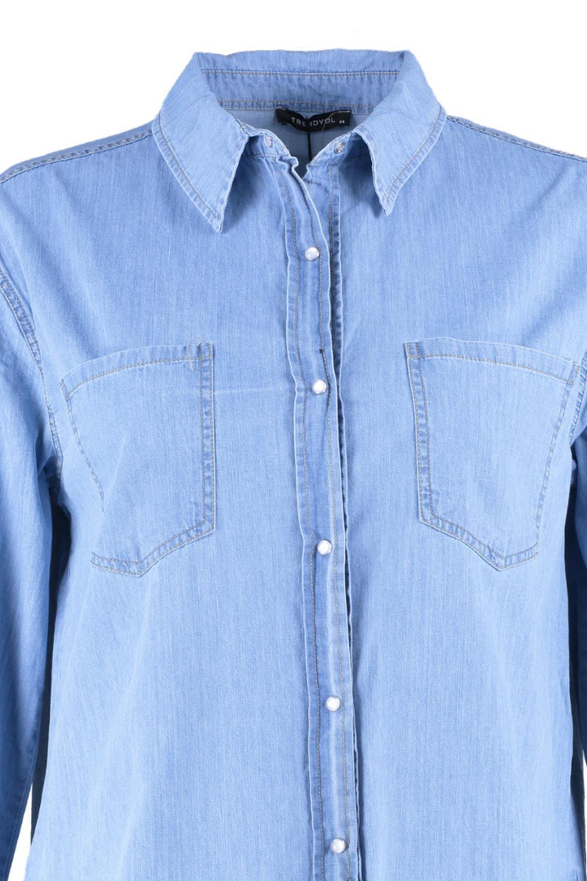 Blue Fitted Polo Neck Plus Size Shirt, , large image number 7