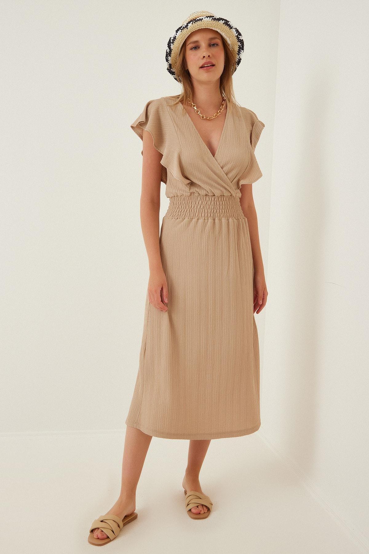 Beige Cache-Coeur A-Line Dress, , medium