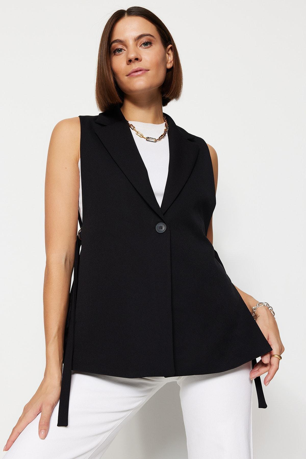 Black Women Lapel Collar Vest, , large image number 0