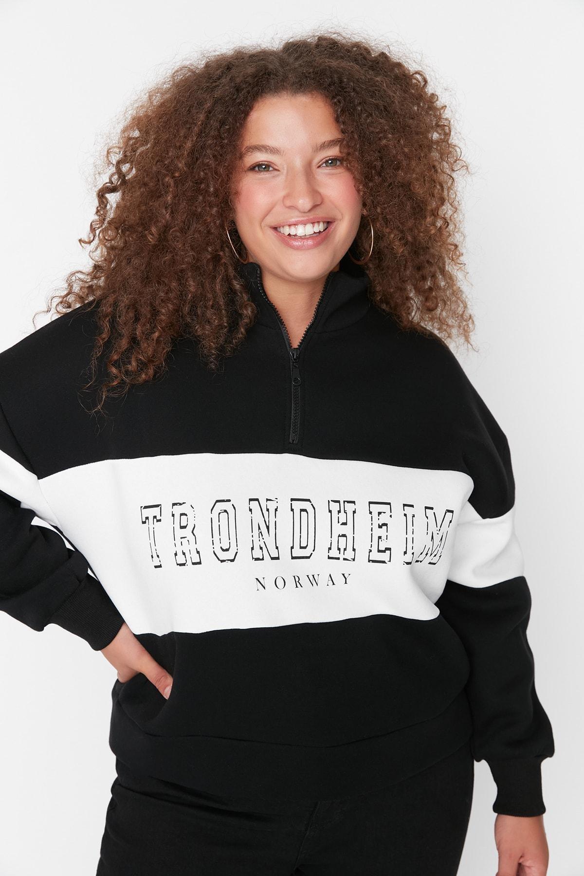 Black Standing Collar Plus Size Sweatshirt, , large image number 0