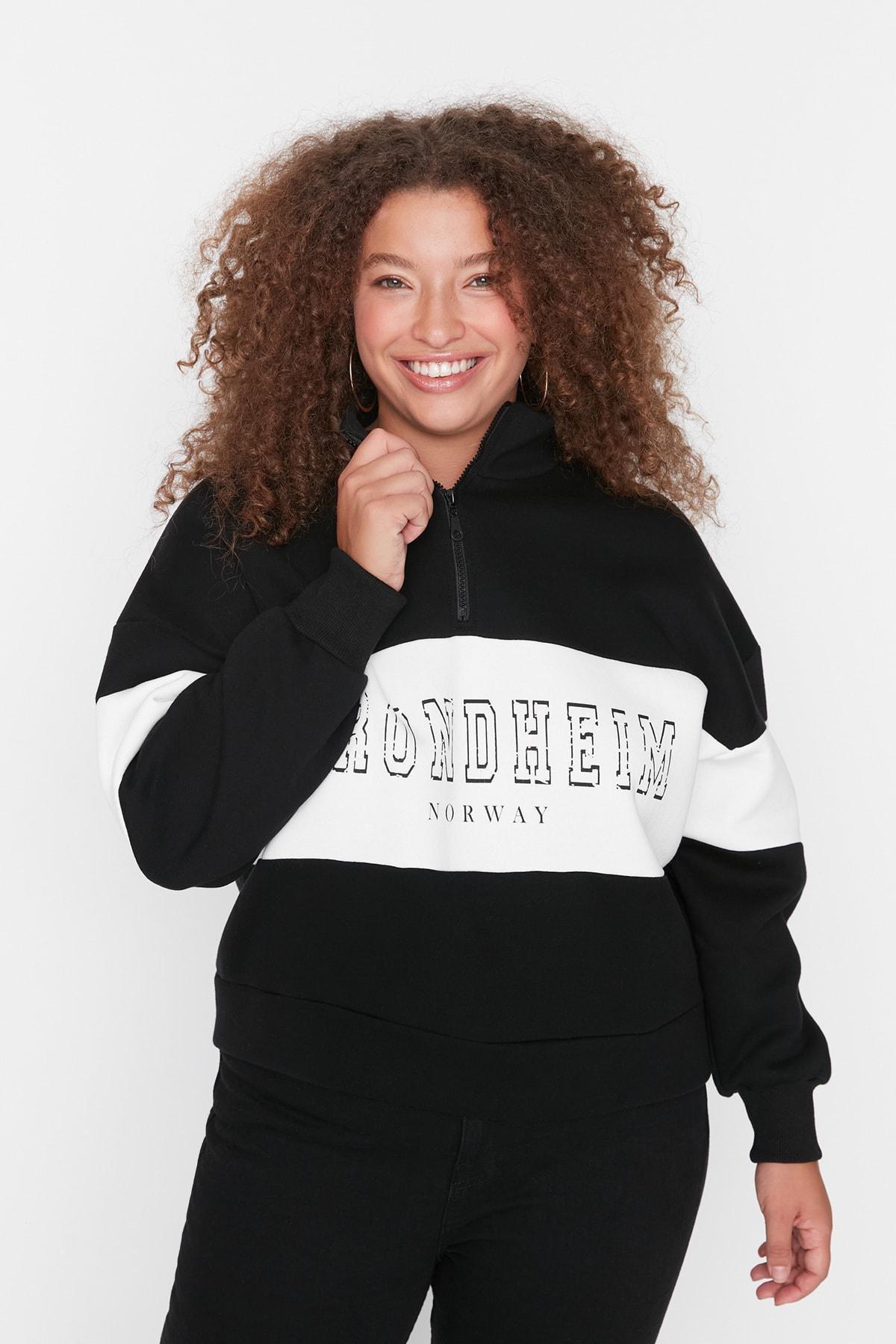 Black Standing Collar Plus Size Sweatshirt, , large image number 1