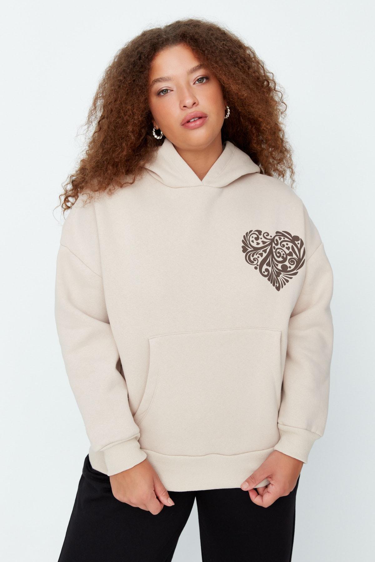 Beige Graphic Hooded Plus Size Sweatshirt, Beige, large image number 0