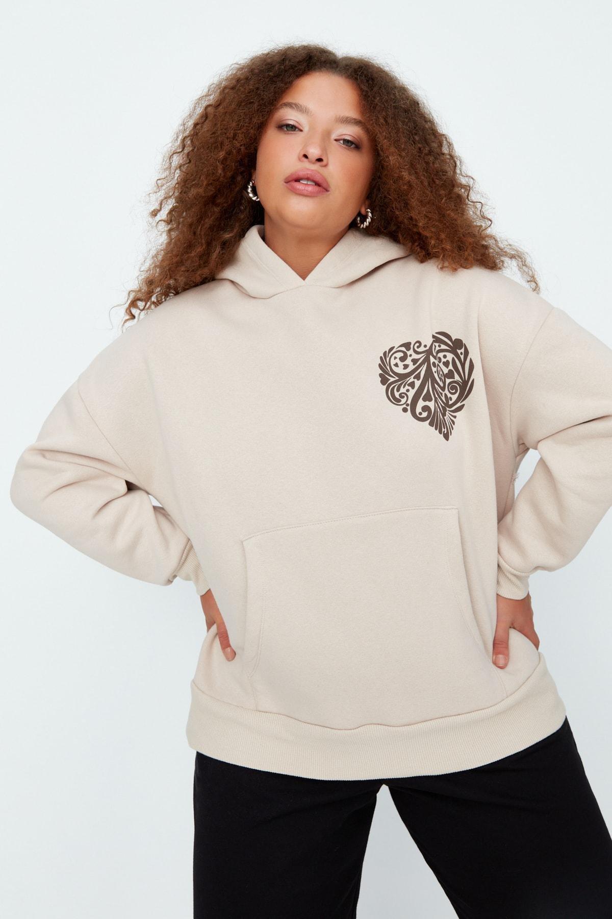 Beige Graphic Hooded Plus Size Sweatshirt, Beige, large image number 1