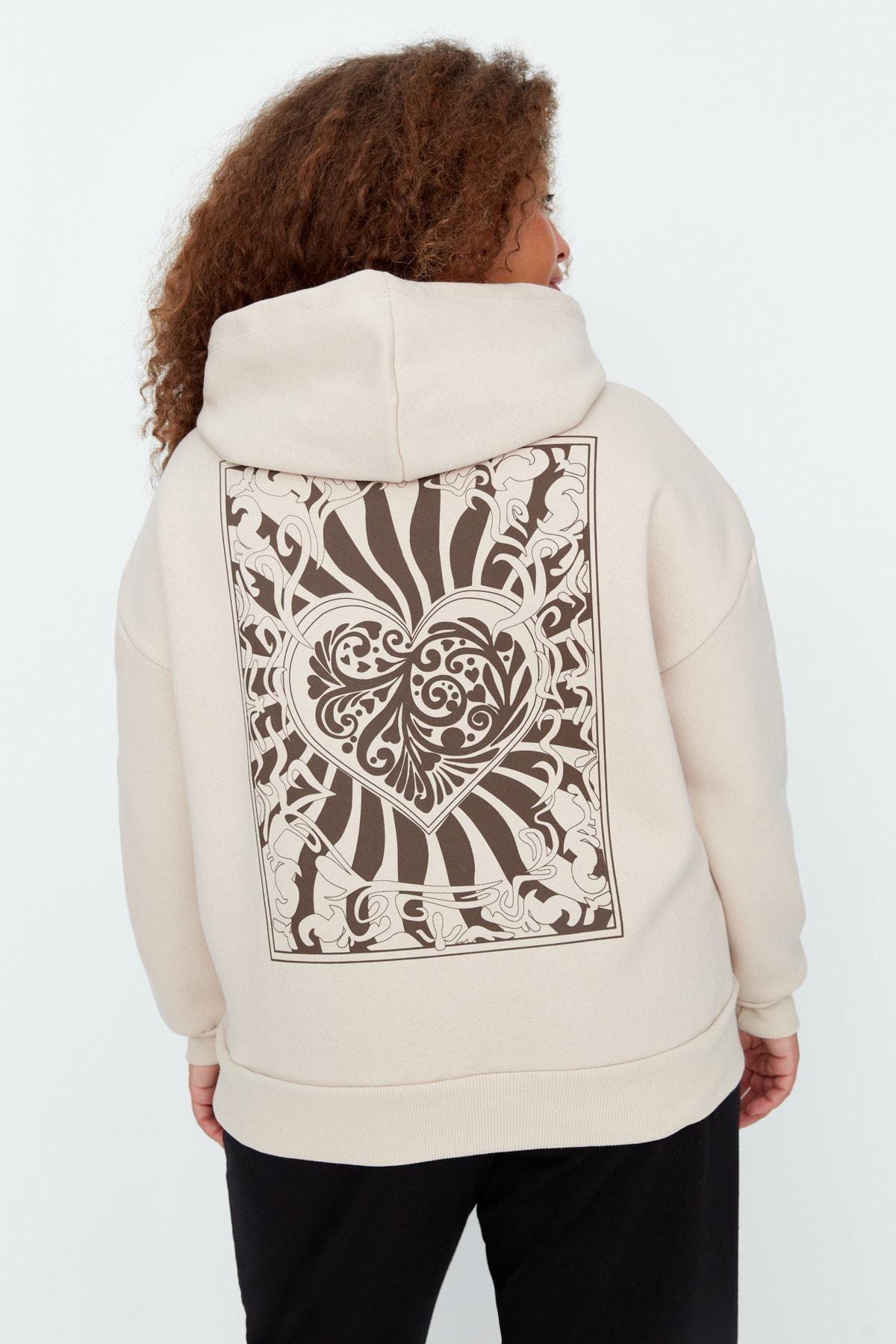 Beige Graphic Hooded Plus Size Sweatshirt, Beige, large image number 4