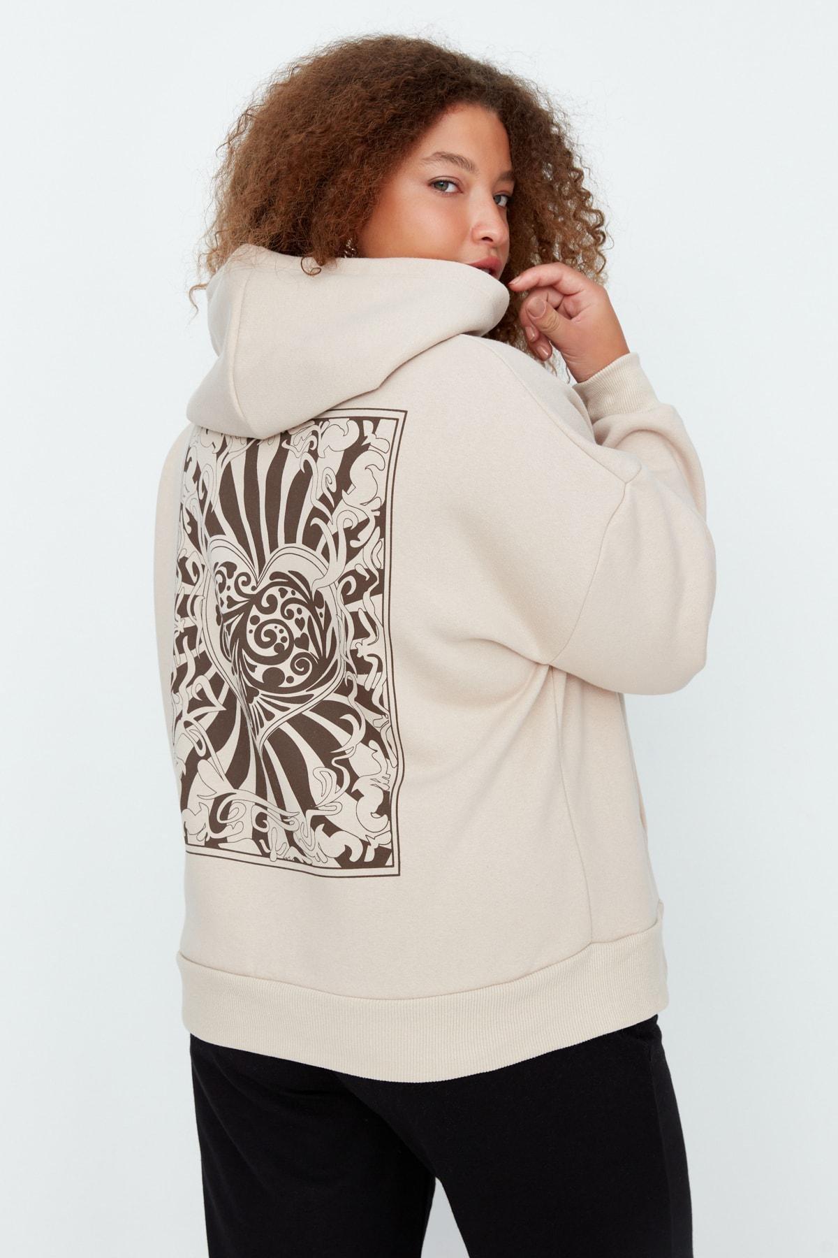 Beige Graphic Hooded Plus Size Sweatshirt, Beige, large image number 5