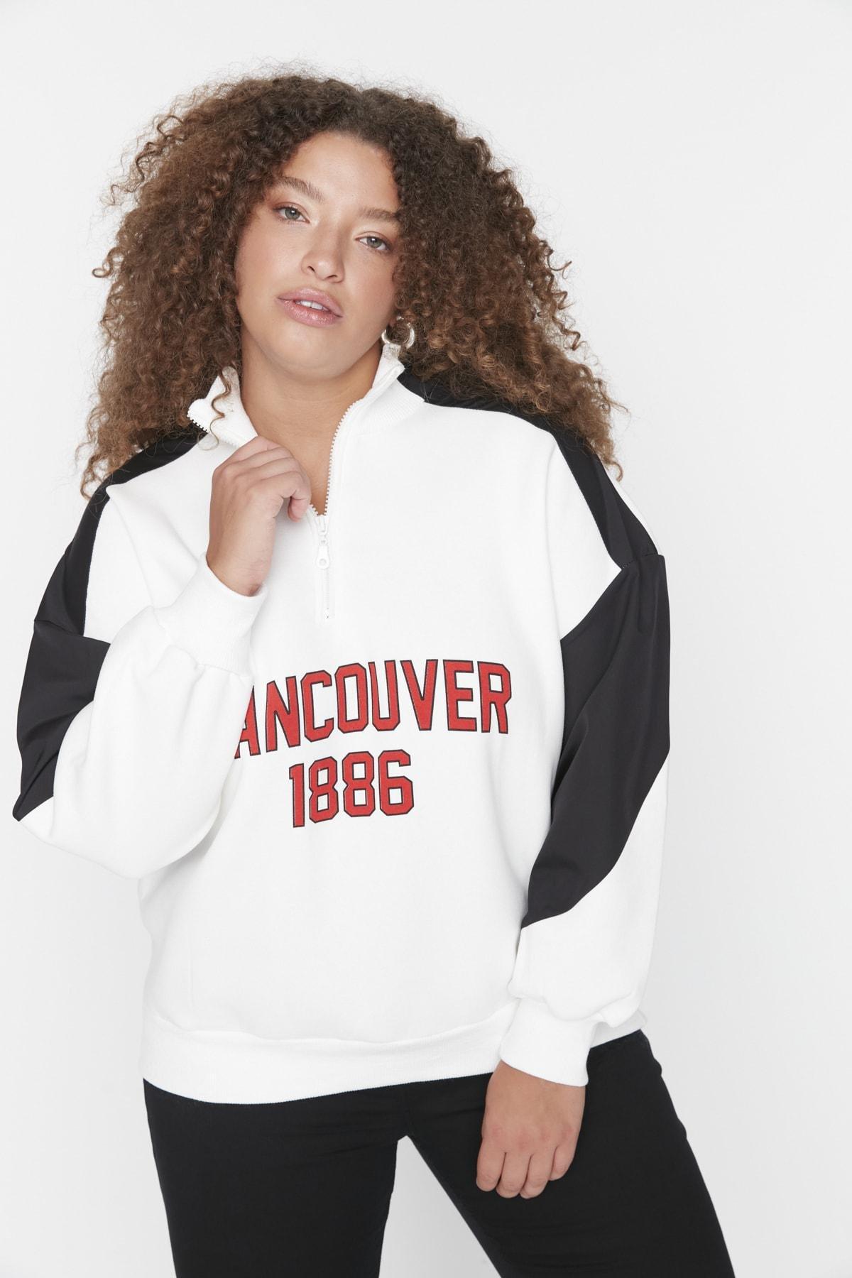 White Standing Collar Plus Size Sweatshirt, , large image number 0