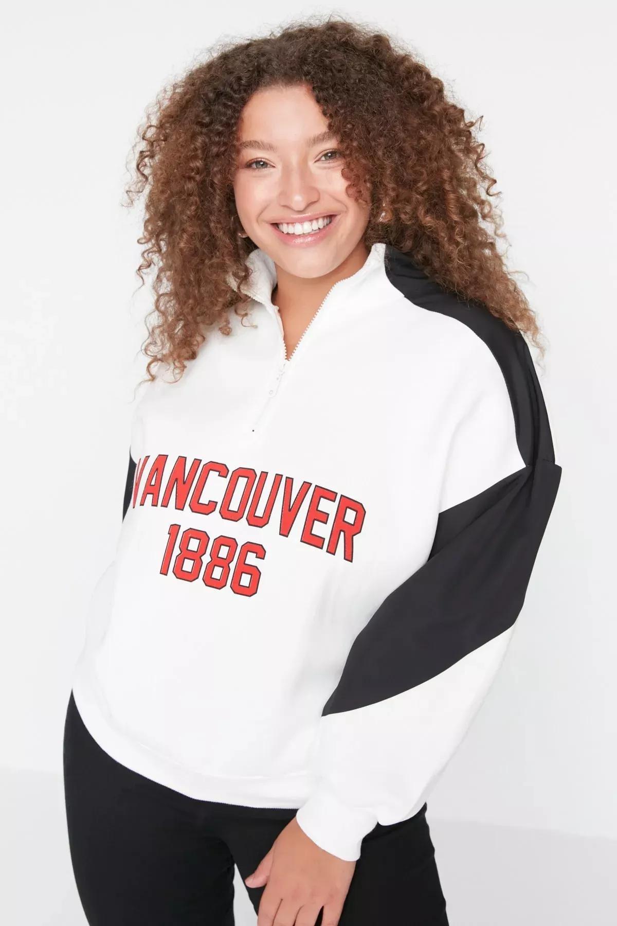 White Standing Collar Plus Size Sweatshirt, Ecru, medium