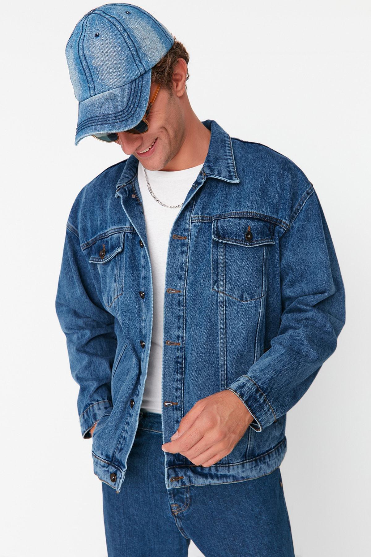 Blue Cotton Lapel Collar Jacket, , large image number 1