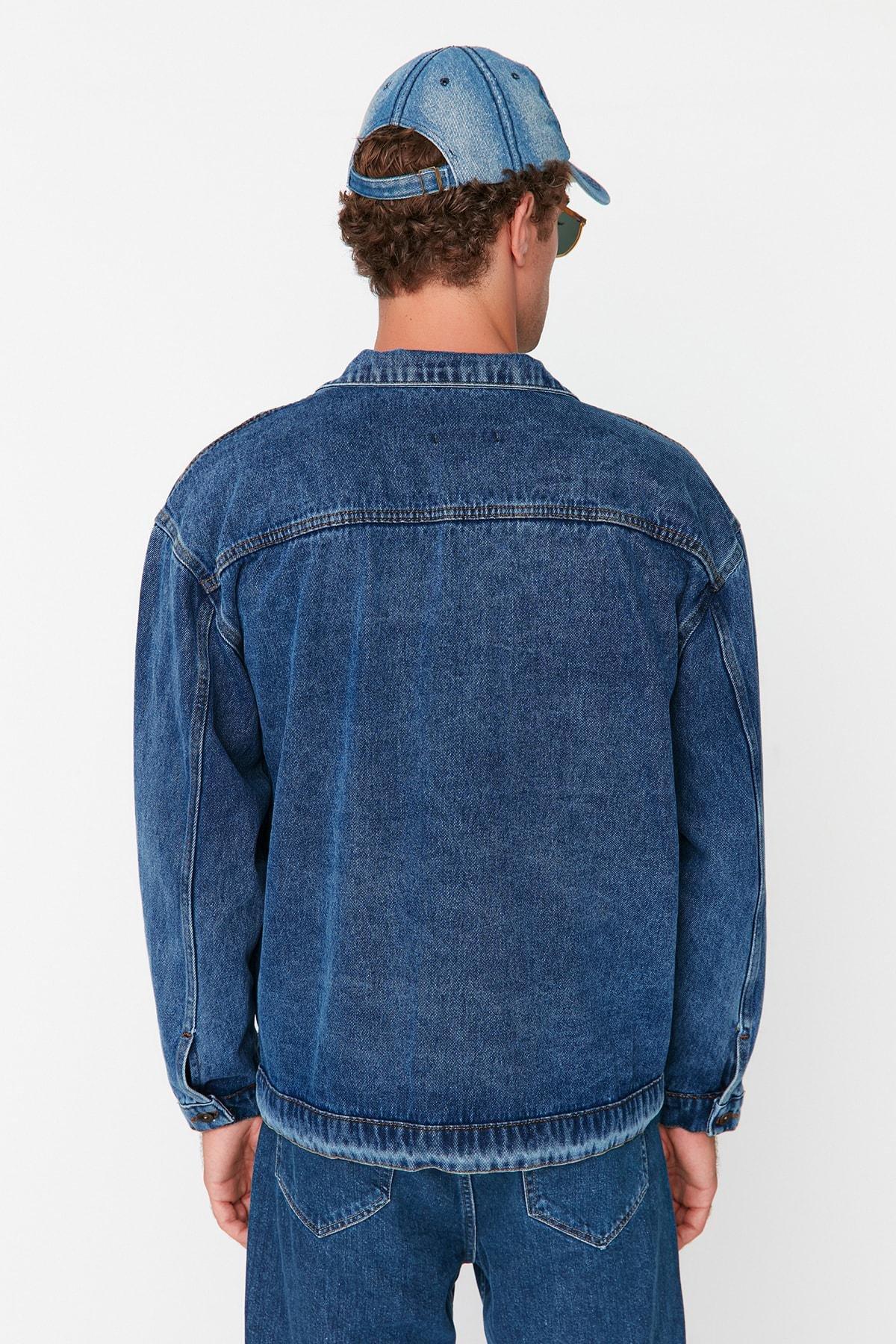 Blue Cotton Lapel Collar Jacket, , large image number 4