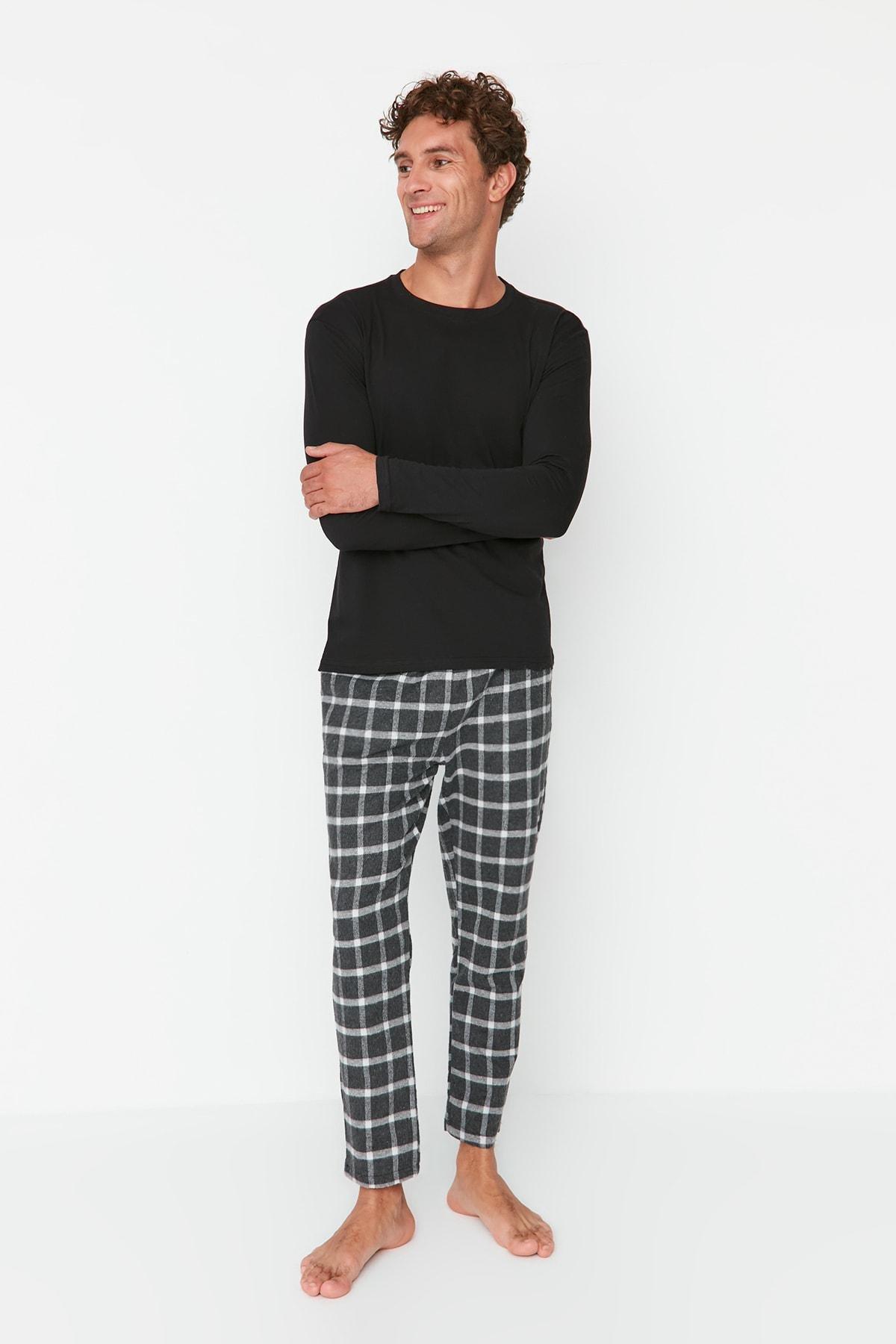 Black Plaid Crew Neck Pajama Set, , large image number 0