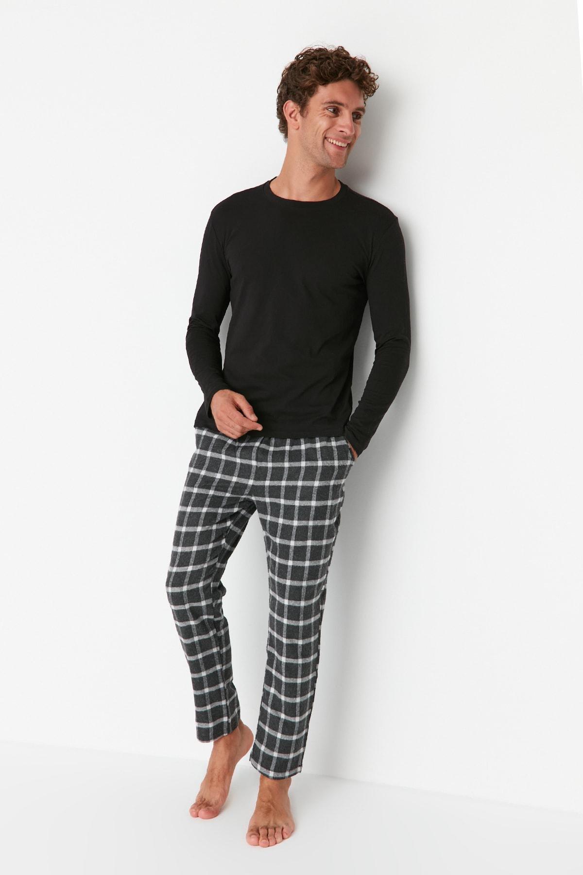 Black Plaid Crew Neck Pajama Set, , large image number 1