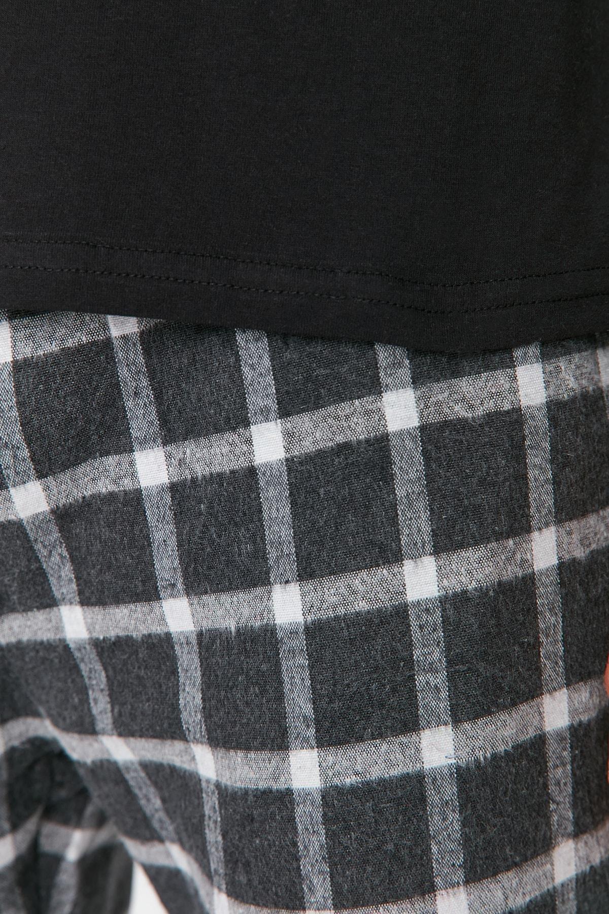 Black Plaid Crew Neck Pajama Set, , large image number 3