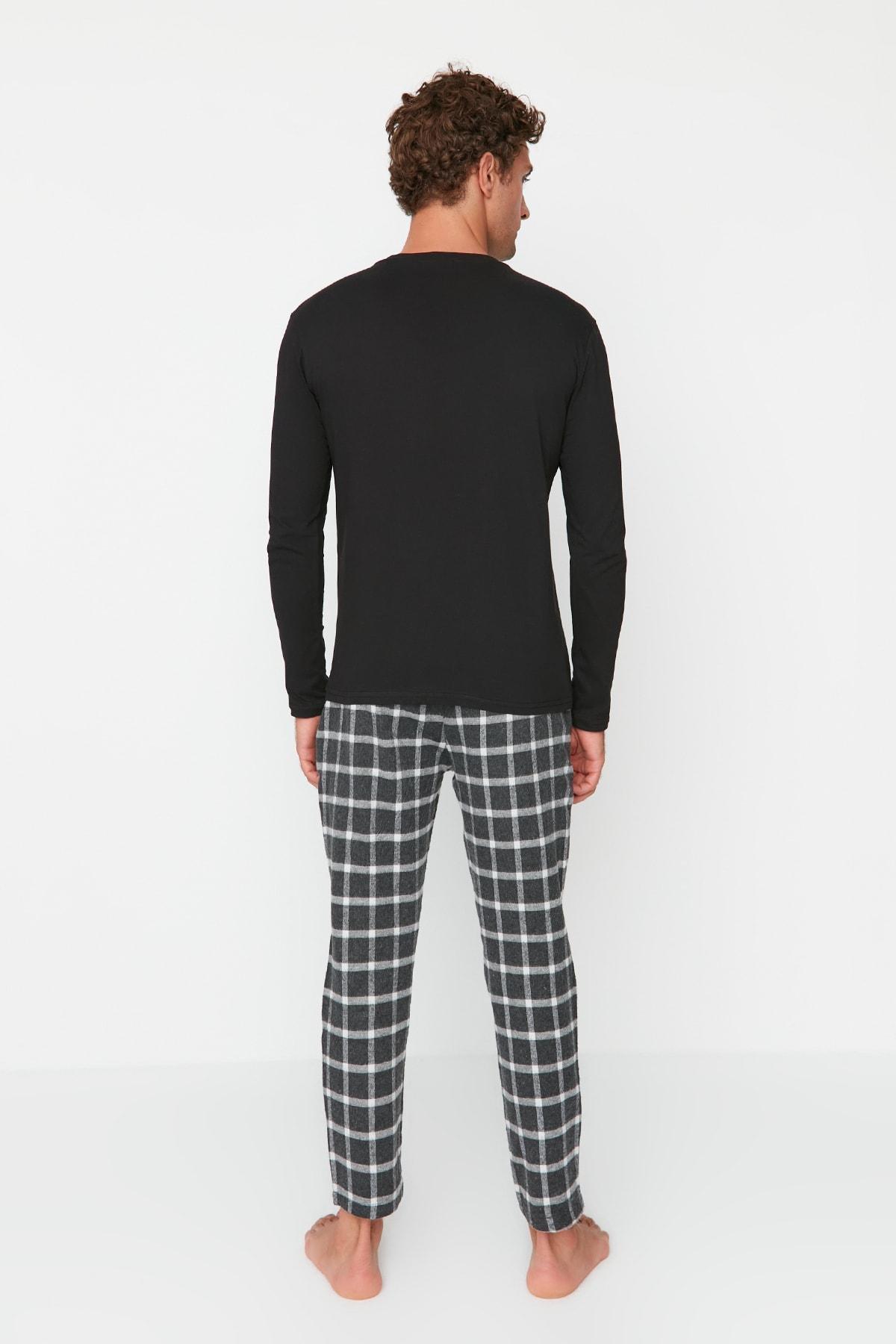 Black Plaid Crew Neck Pajama Set, , large image number 4
