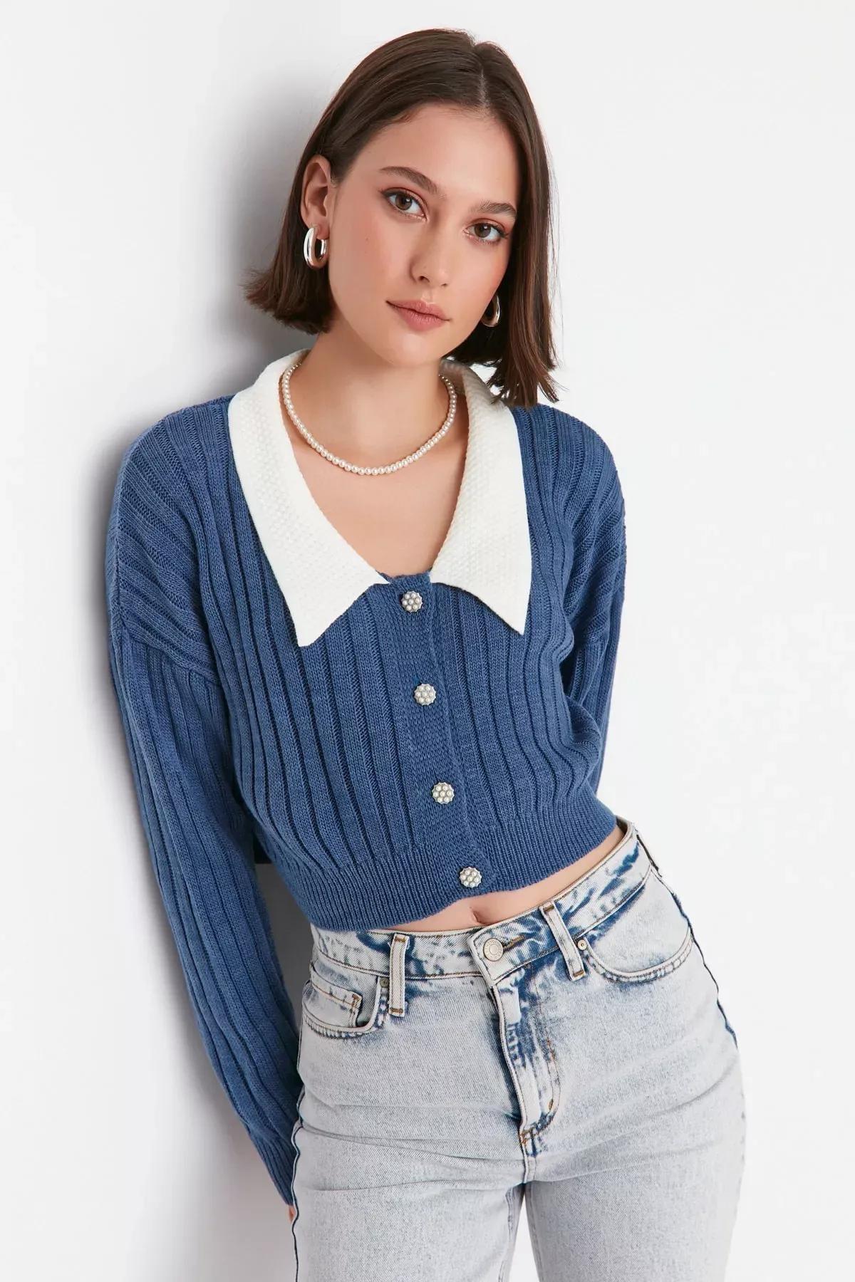 Blue Colour Block Fitted Cardigan, Blue, large image number 1