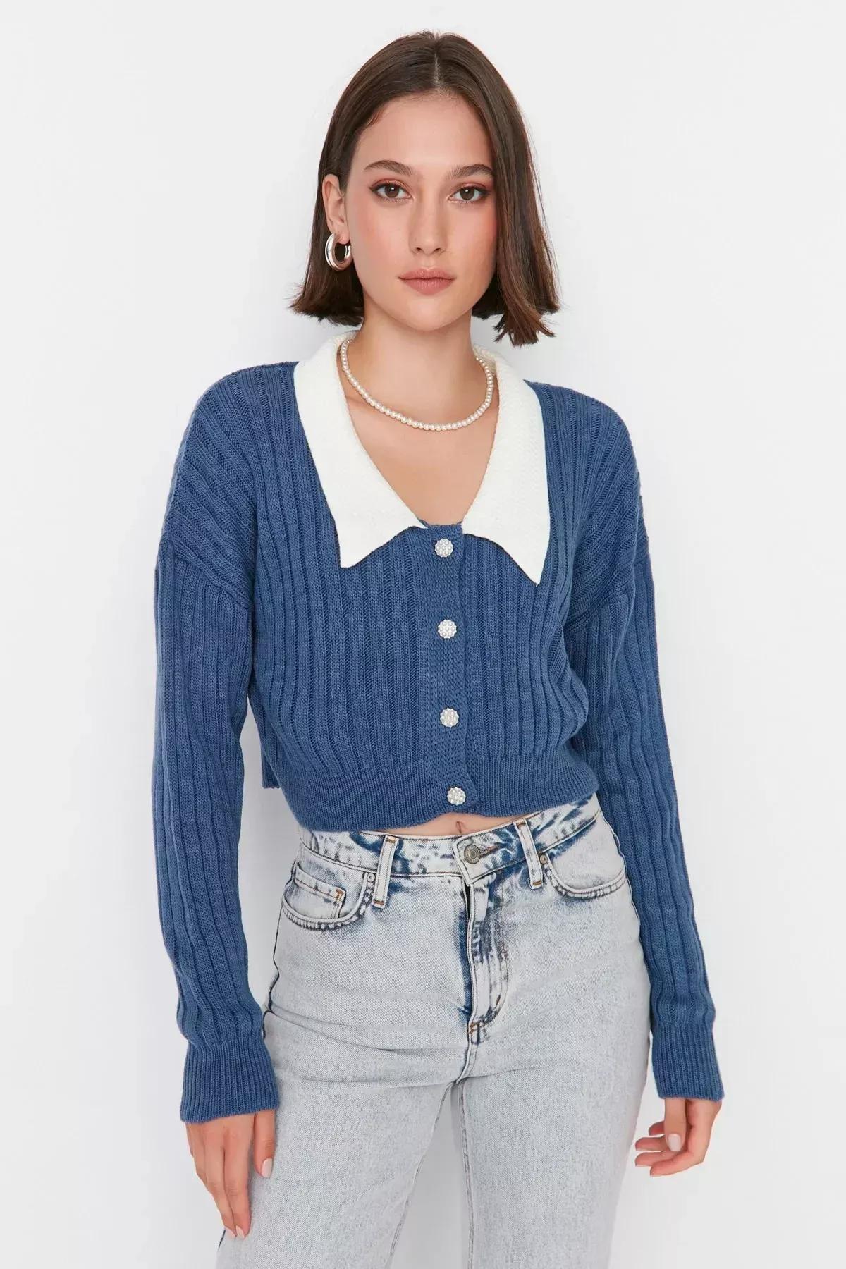 Blue Colour Block Fitted Cardigan, Blue, large image number 2