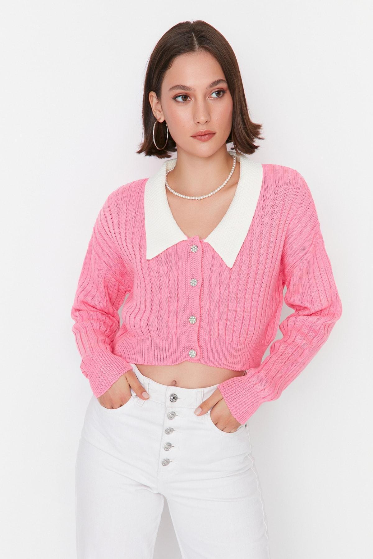 Pink Fitted Peter Pan Collar Cardigan, , large image number 0