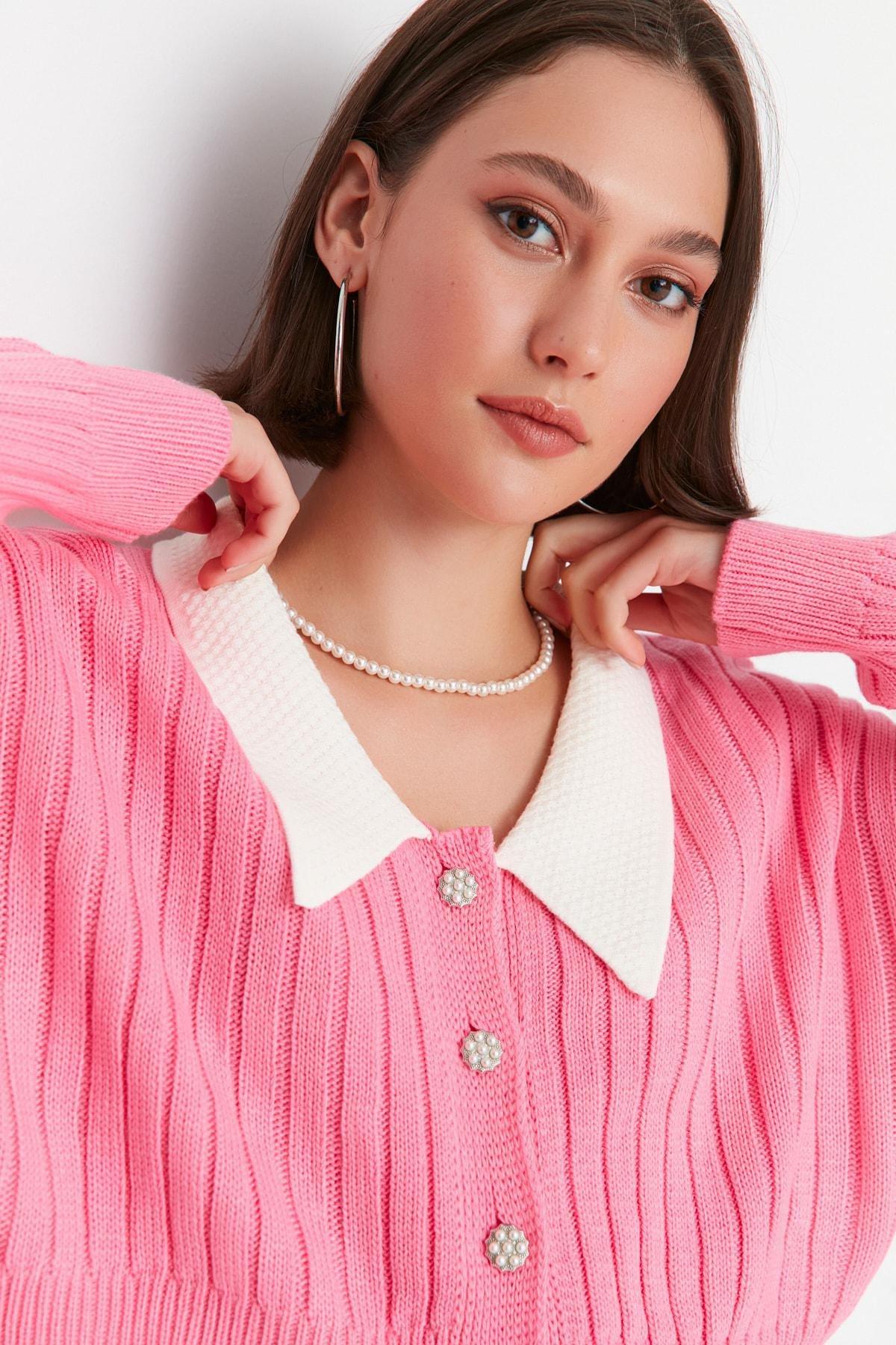 Pink Fitted Peter Pan Collar Cardigan, , large image number 1