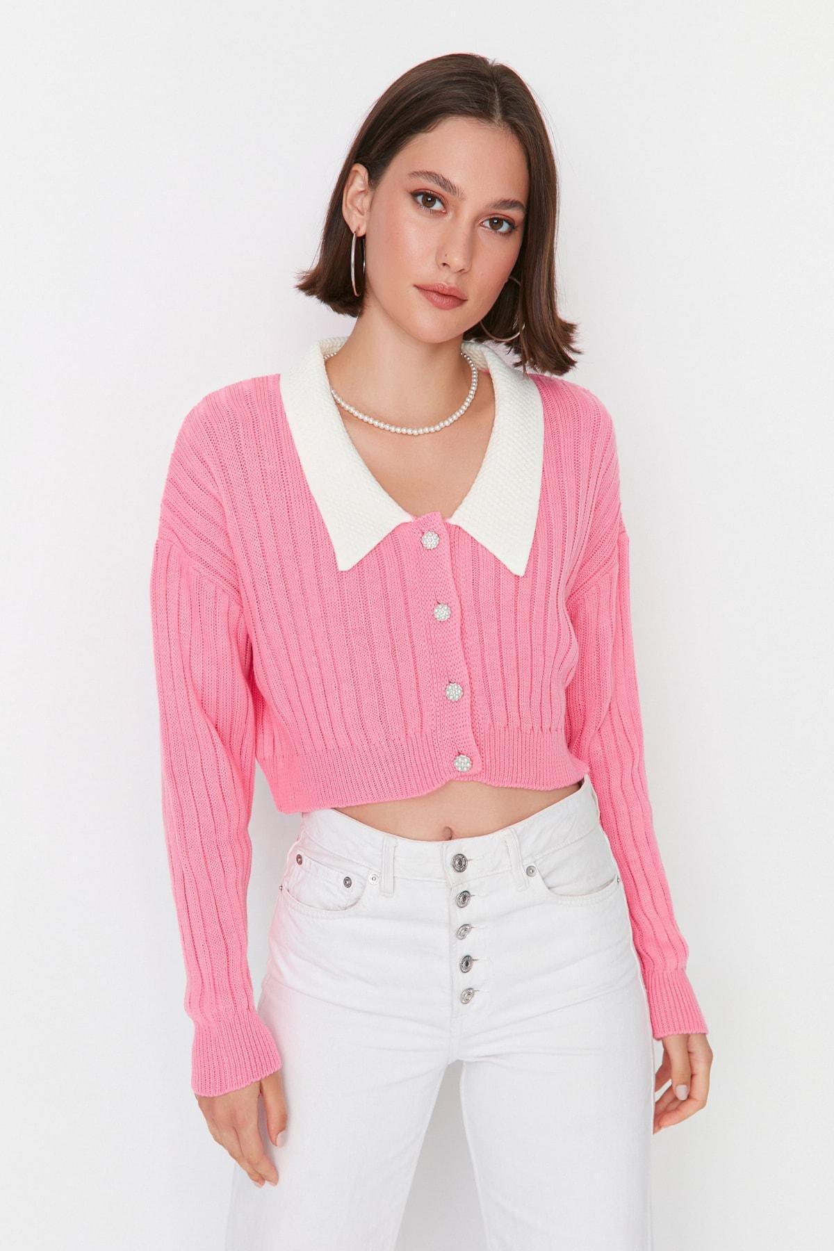 Pink Fitted Peter Pan Collar Cardigan, , large image number 2