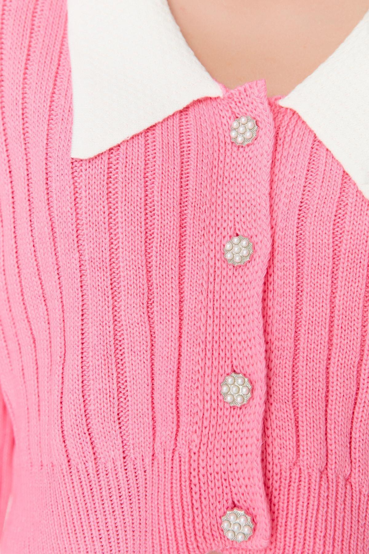 Pink Fitted Peter Pan Collar Cardigan, , large image number 3