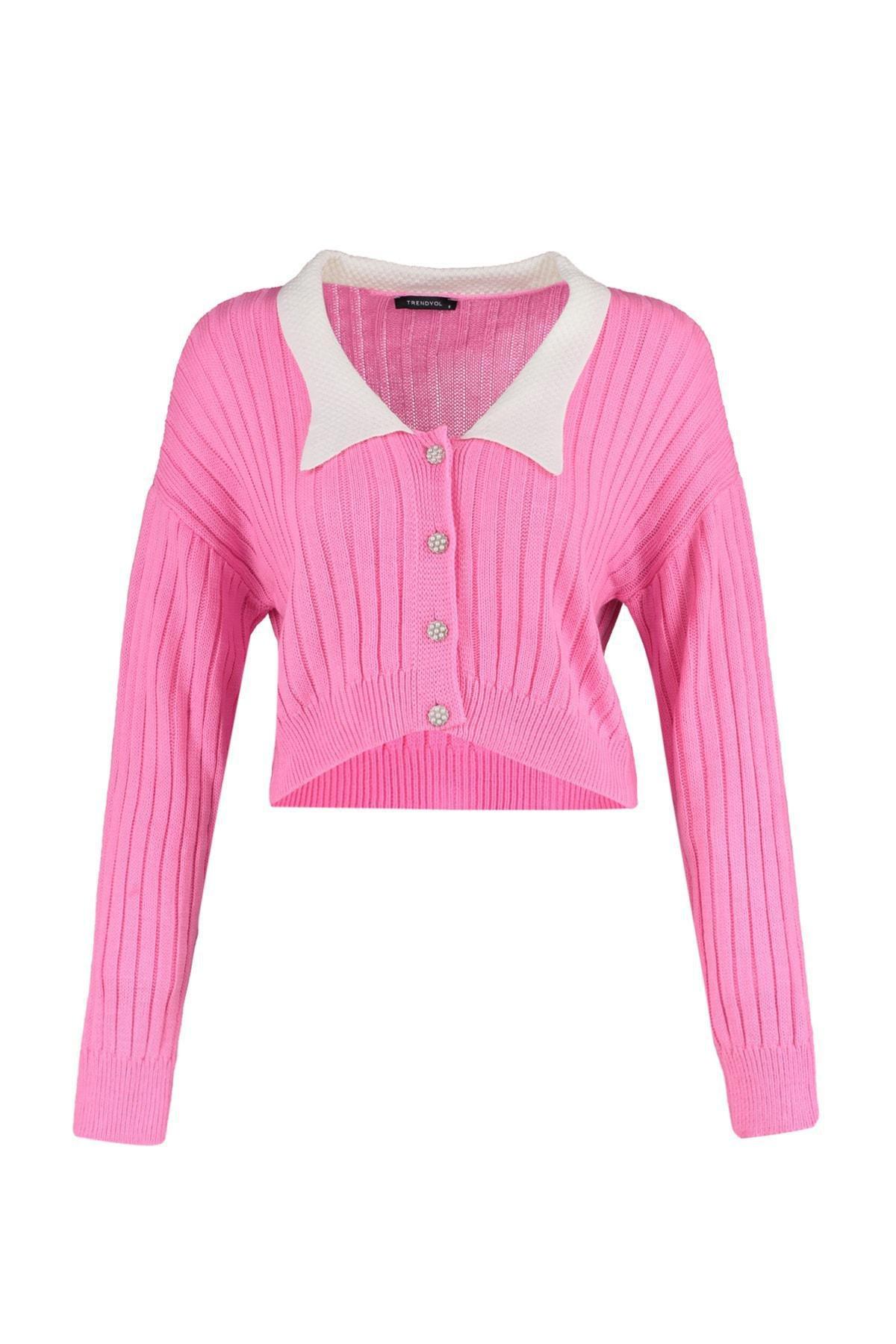 Pink Fitted Peter Pan Collar Cardigan, , large image number 6