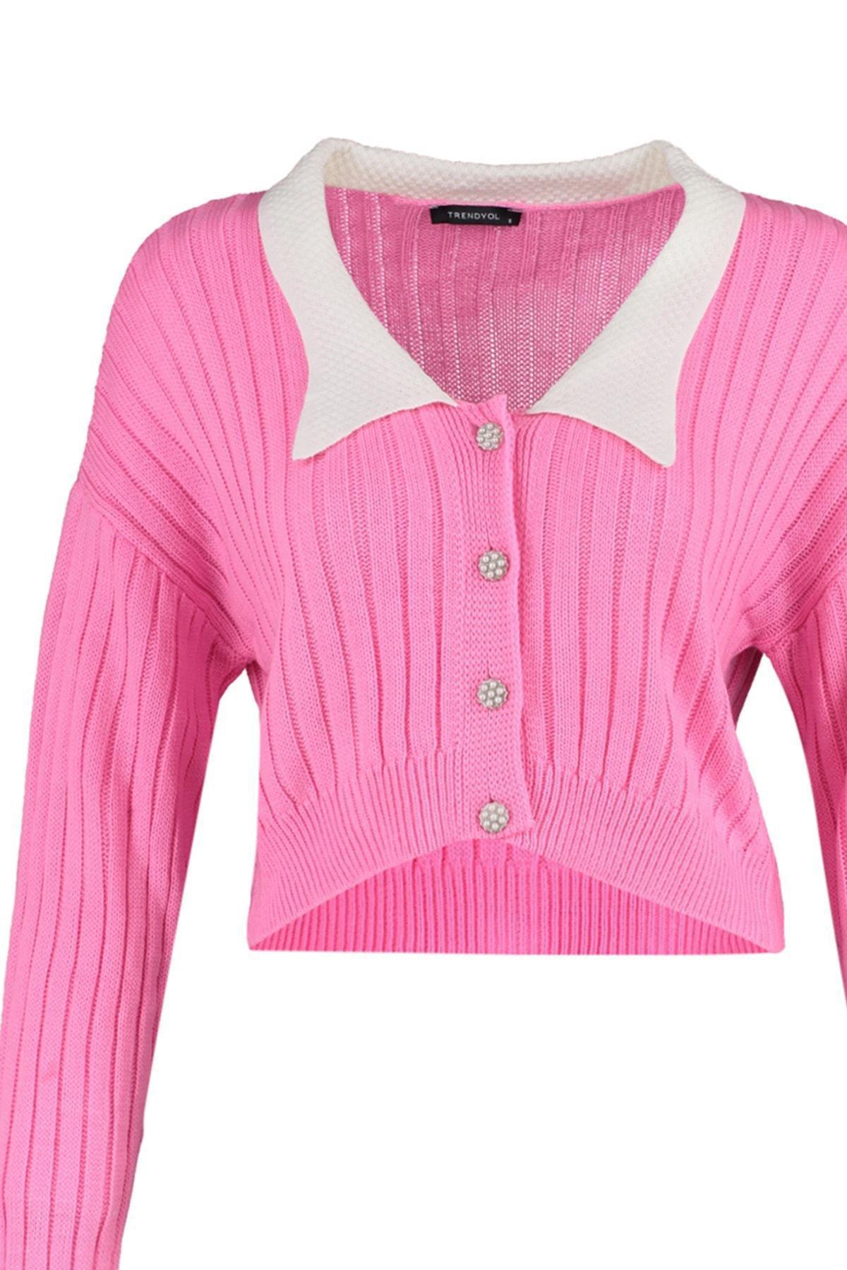 Pink Fitted Peter Pan Collar Cardigan, , large image number 7