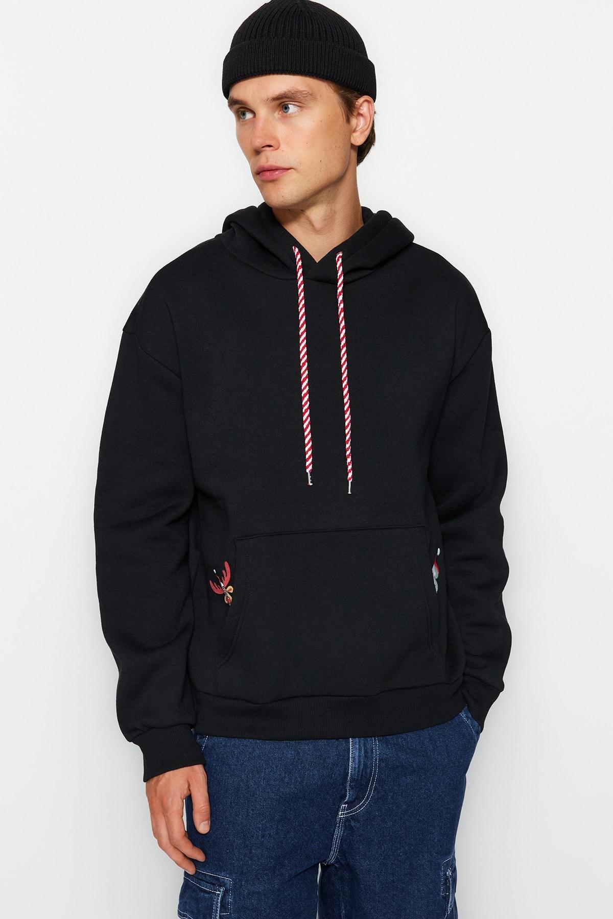 Black Relaxed Hooded Sweatshirt, , large image number 1