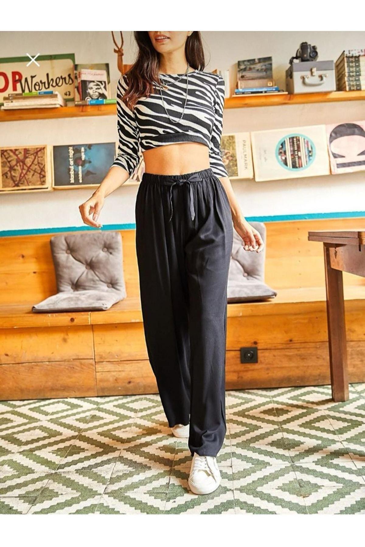 بنطال بالازو منسوج من الفيسكوز بحزام، أسود, BLACK, large image number 1