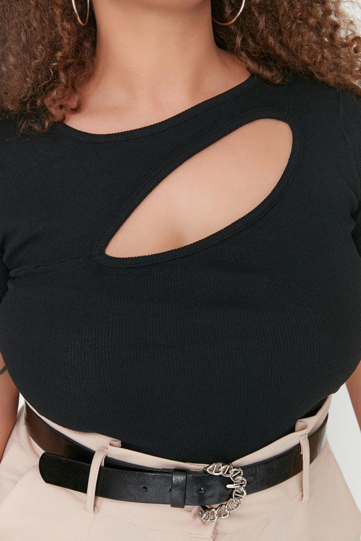 بلوزة بفتحات للمقاسات الكبيرة، أسود, Black, medium