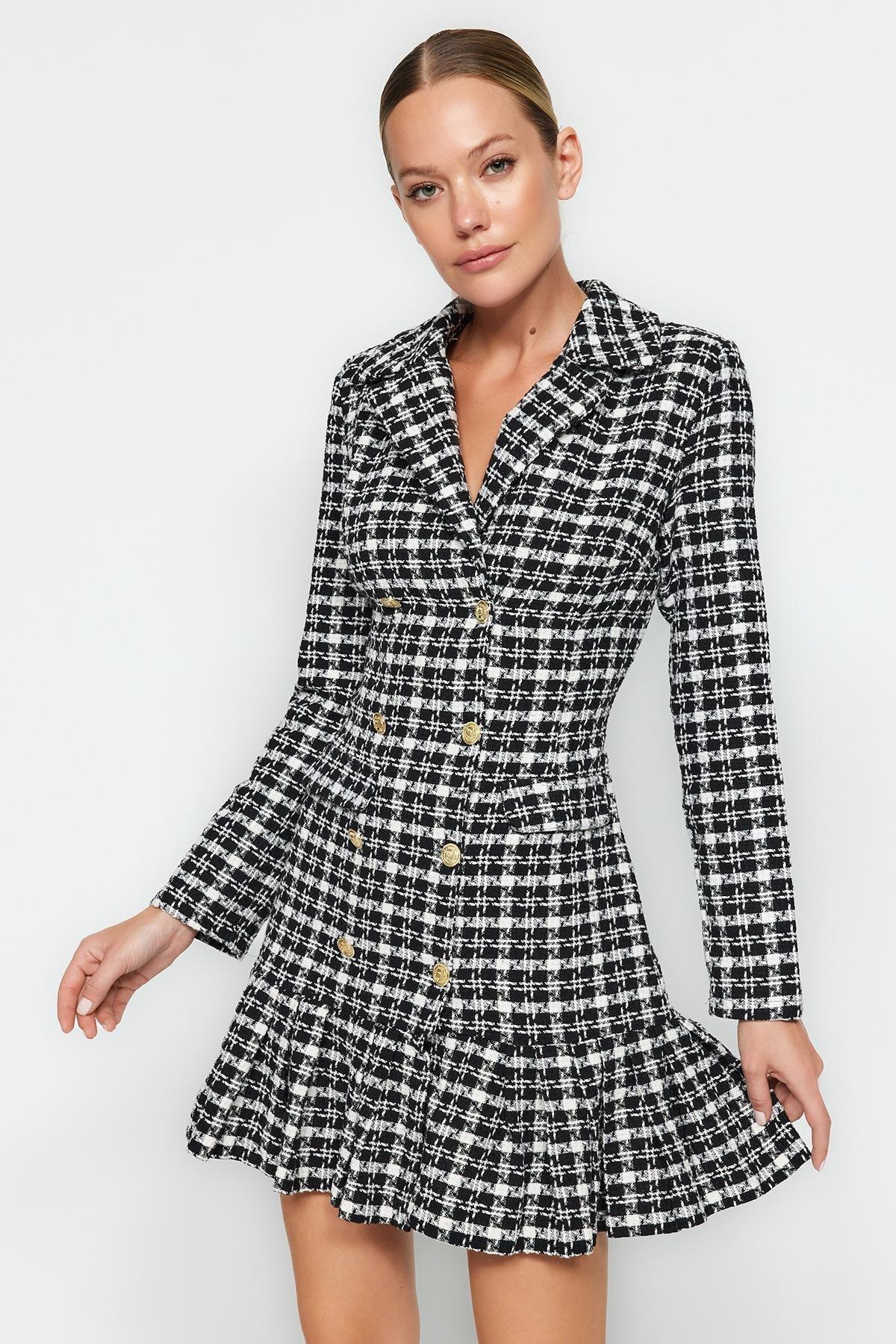 Black Buttoned Ruffled Knit Dress, BLACK, large image number 0