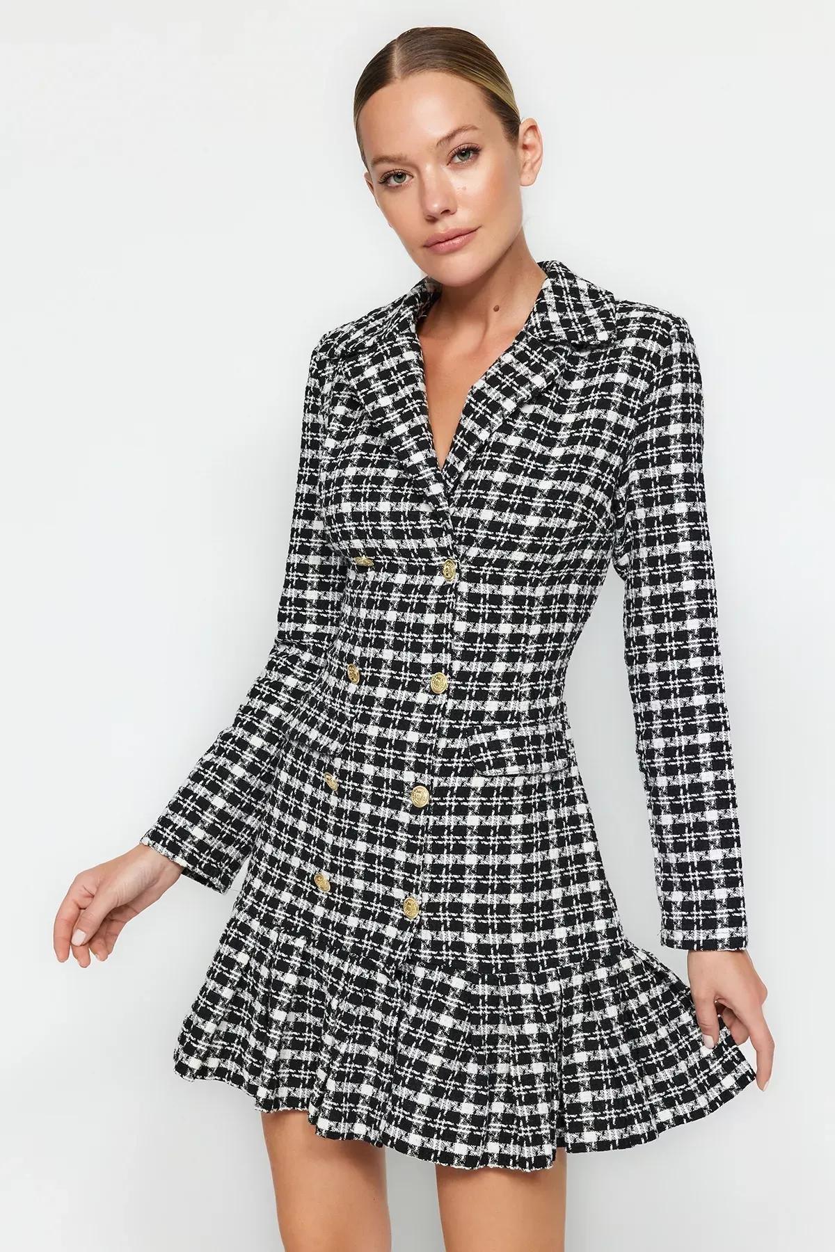 Black Buttoned Ruffled Knit Dress, BLACK, medium