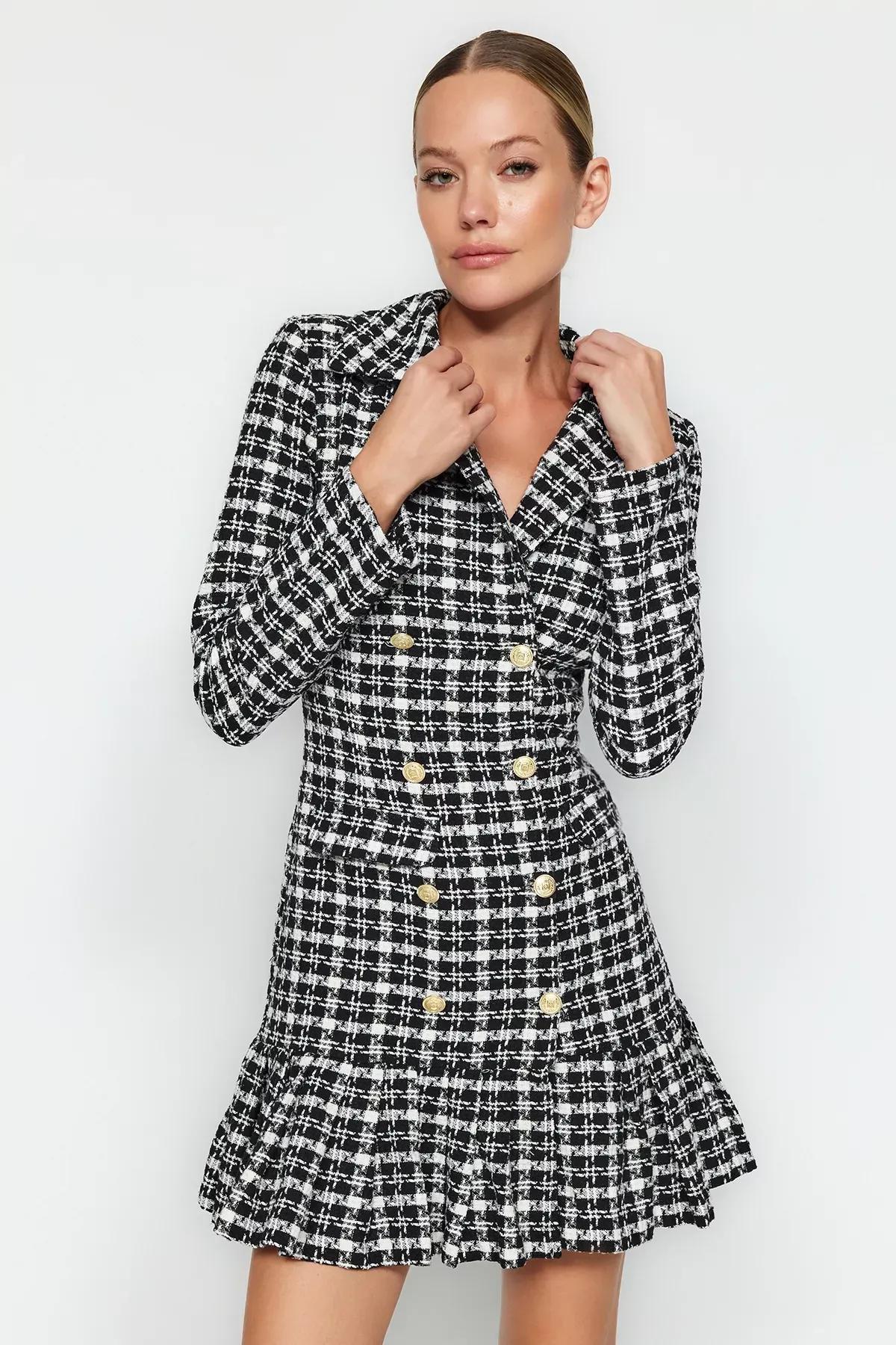 Black Buttoned Ruffled Knit Dress, BLACK, large image number 1