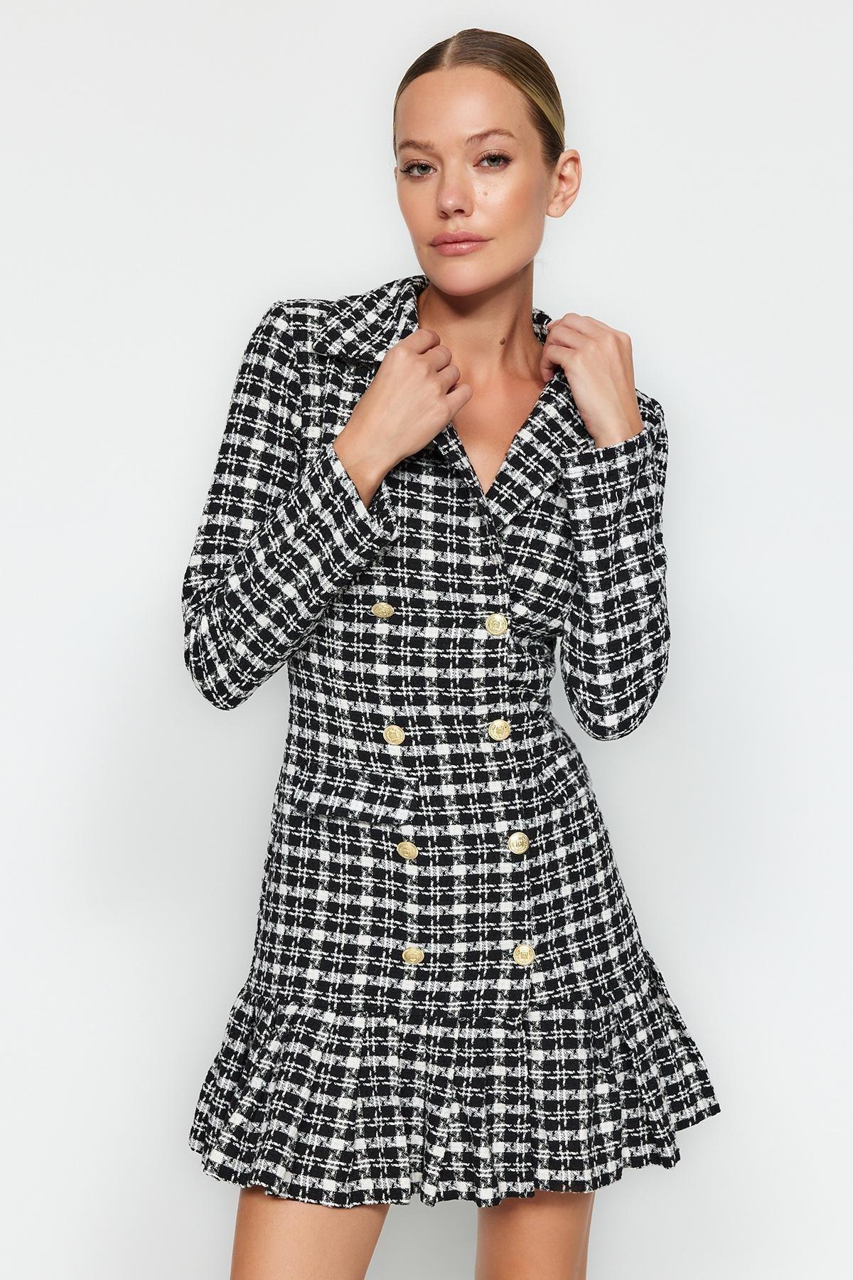 Black Buttoned Ruffled Knit Dress, BLACK, large image number 1