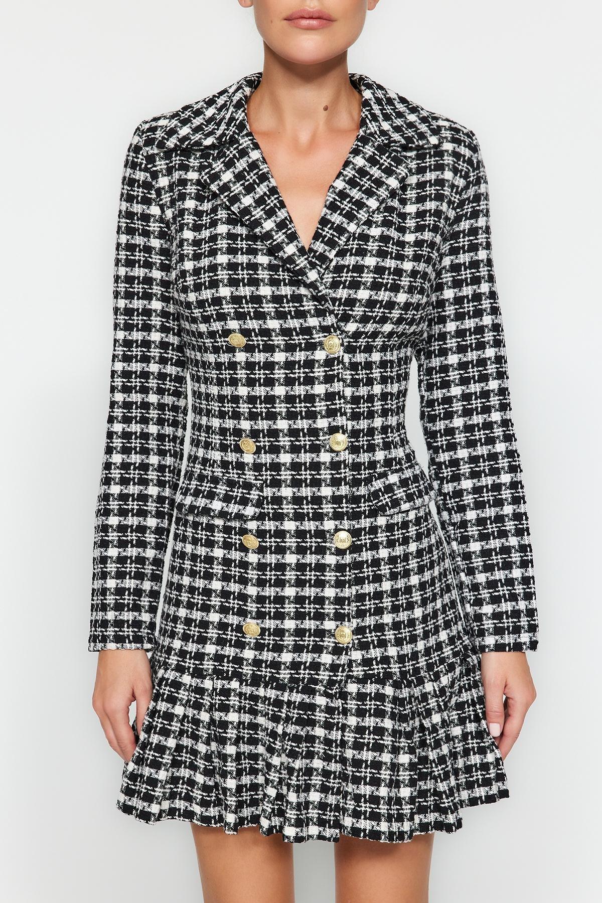 Black Buttoned Ruffled Knit Dress, BLACK, large image number 2