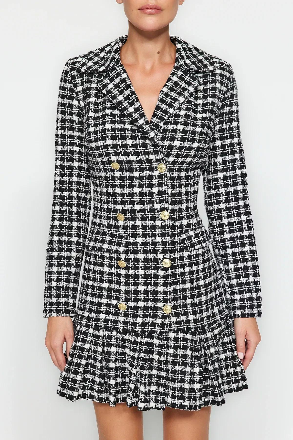 Black Buttoned Ruffled Knit Dress, BLACK, medium