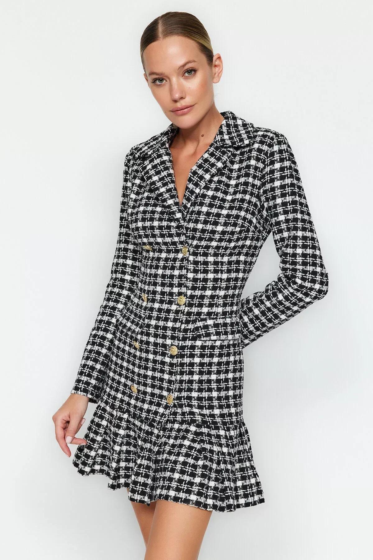 Black Buttoned Ruffled Knit Dress, BLACK, large image number 5