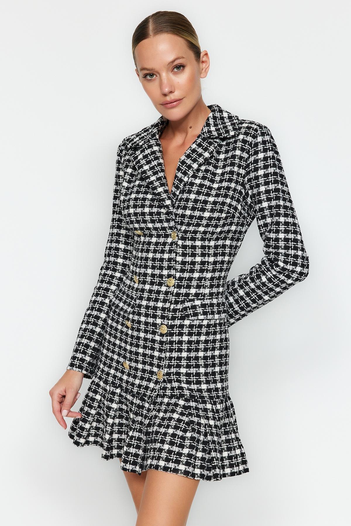 Black Buttoned Ruffled Knit Dress, BLACK, large image number 5