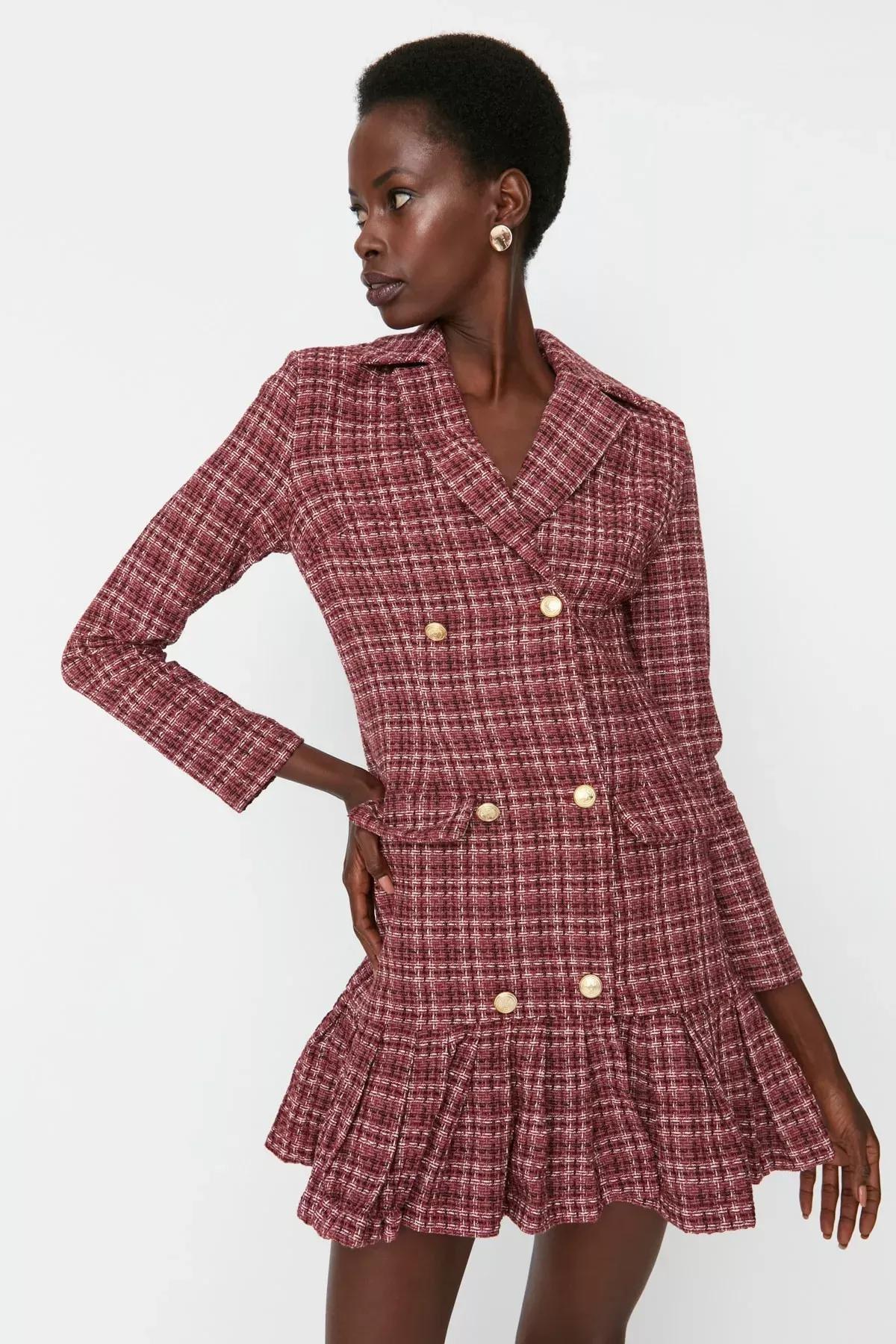 Multicolour Plaid Lapel Collar Dress, , large image number 0