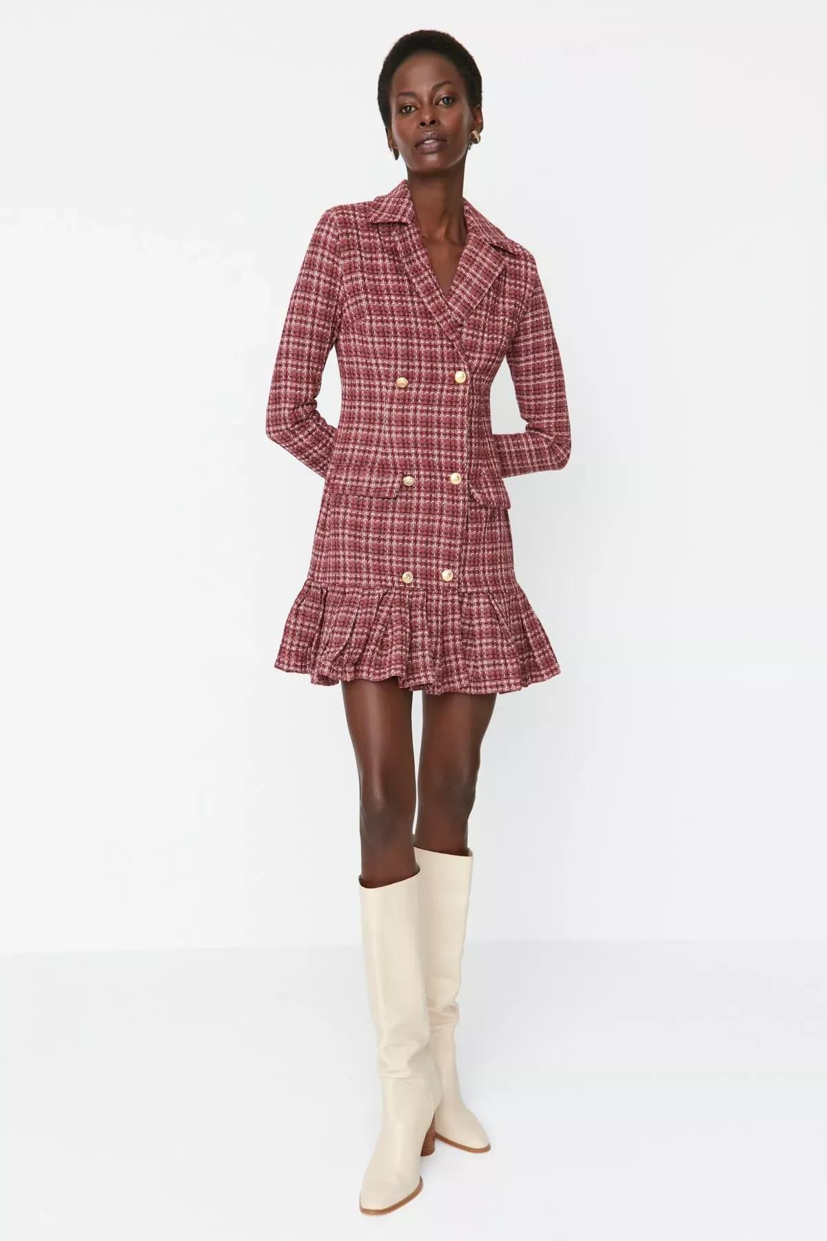 Multicolour Plaid Lapel Collar Dress, , large image number 1