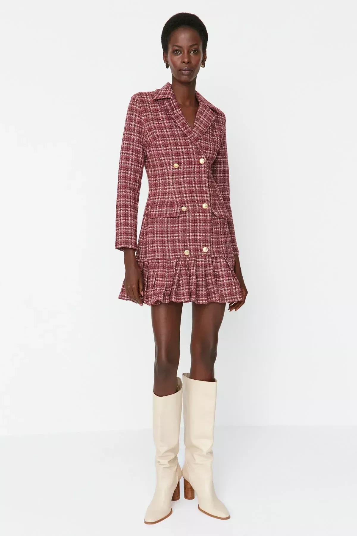Multicolour Plaid Lapel Collar Dress, , large image number 2