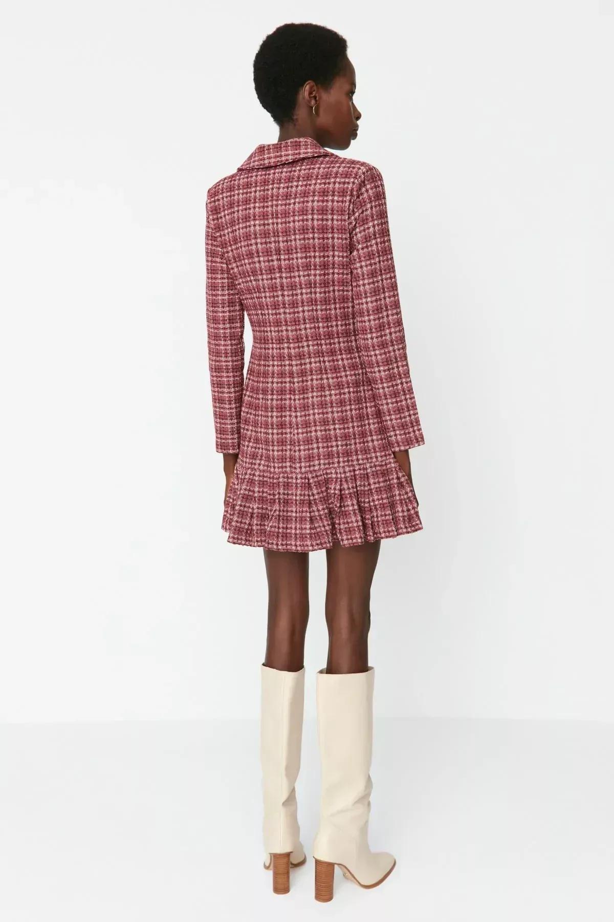 Multicolour Plaid Lapel Collar Dress, , large image number 4