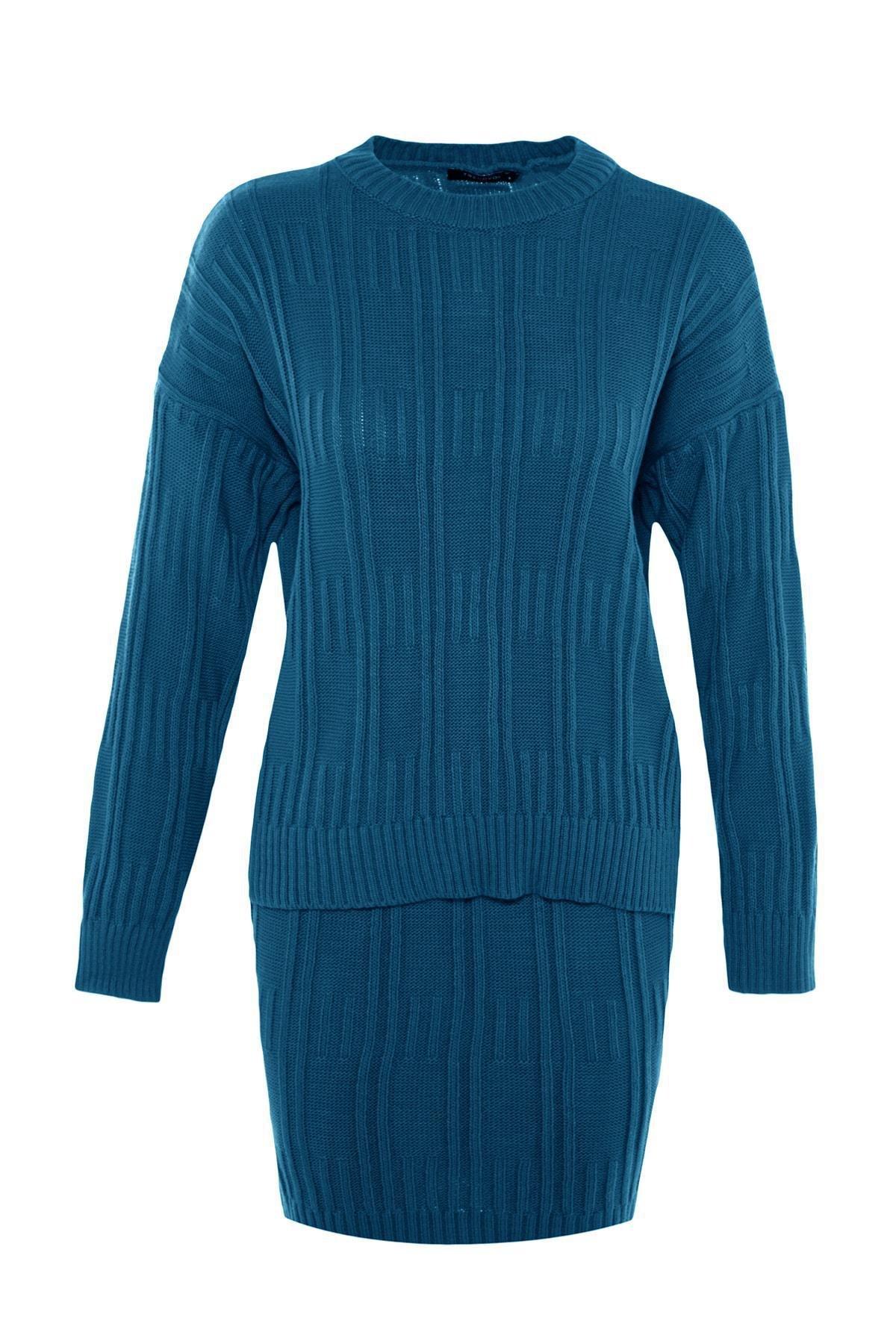 Blue Knitted Crew Neck Co-Ord Set, , large image number 7