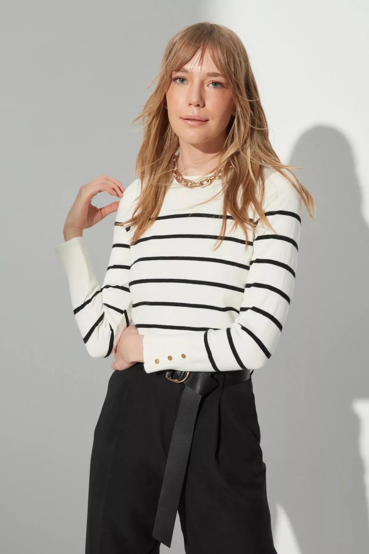 Ecru Striped Crew Neck Slim Sweater, , large image number 1
